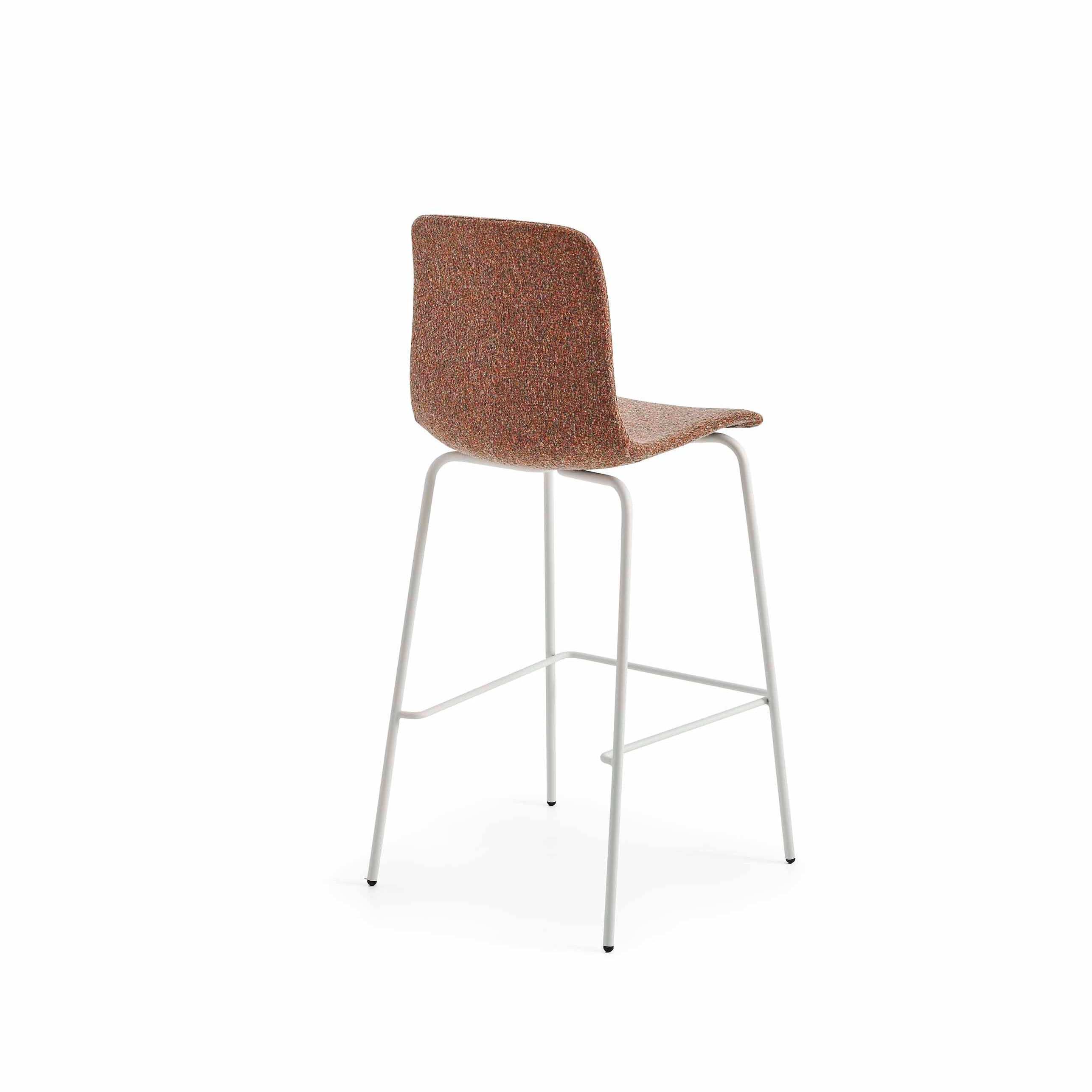 Bar stool with brown seat and white metal legs on a white background