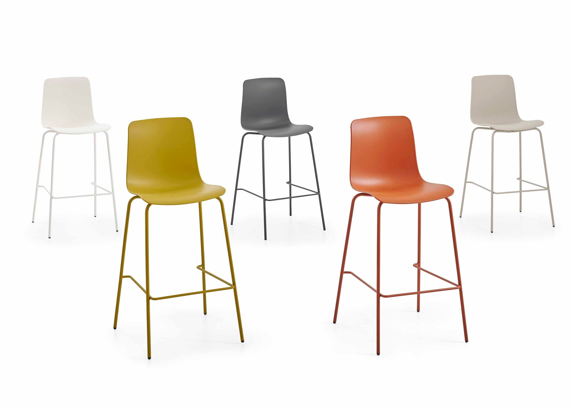 Set of five colorful bar stools on a white background