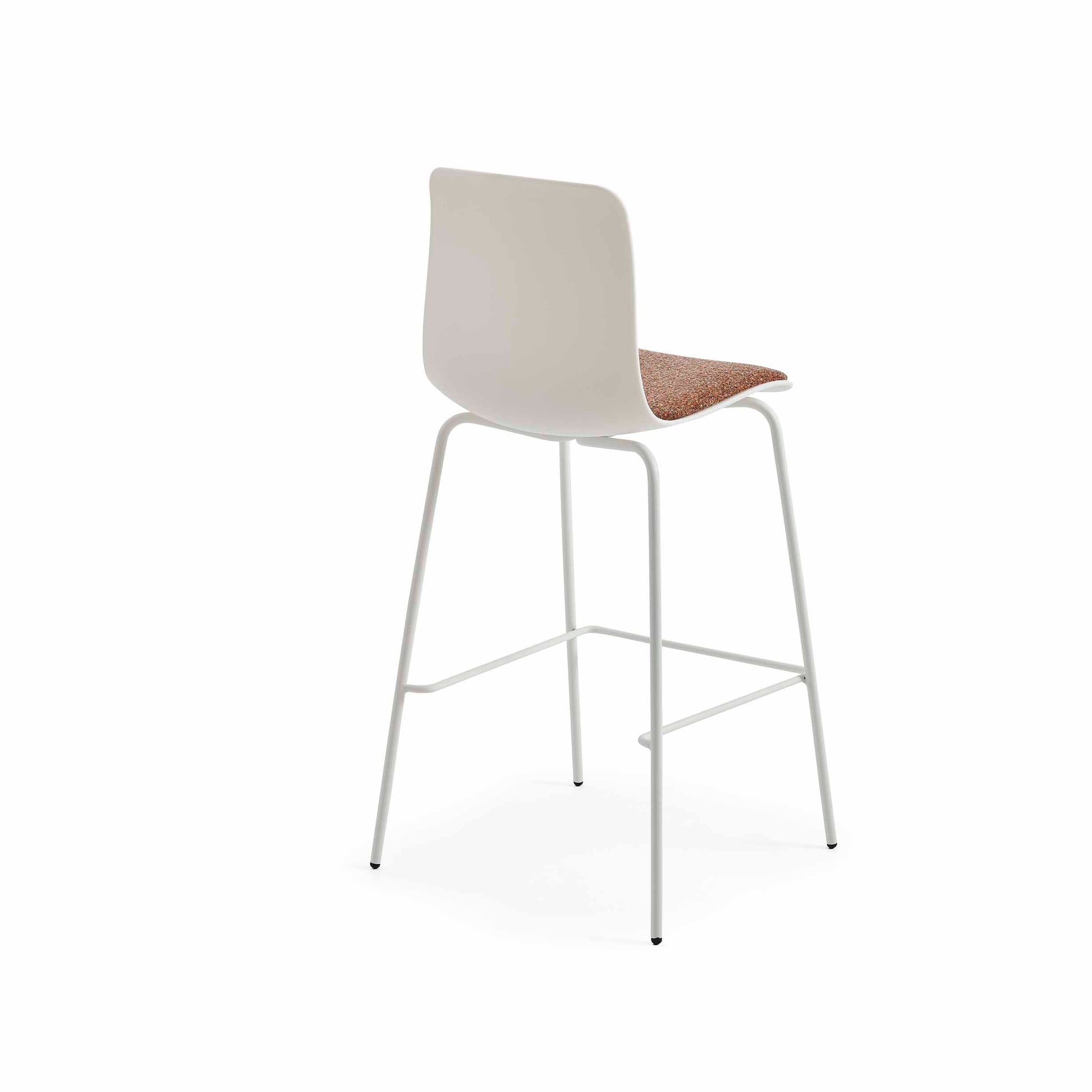 Bar stool with a white seat and wooden seat pad on a white background