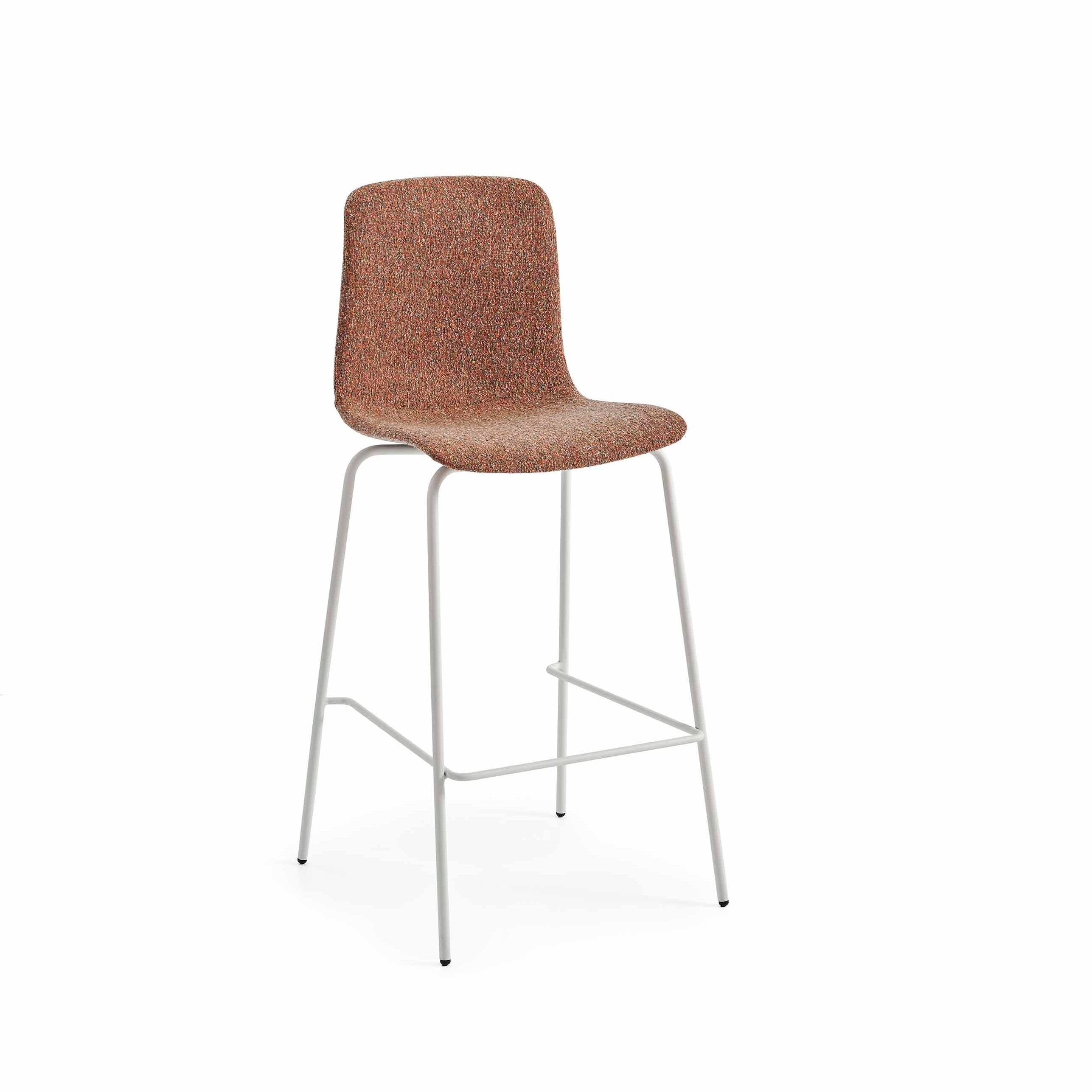 Bar stool with brown upholstered seat and white metal legs on a white background