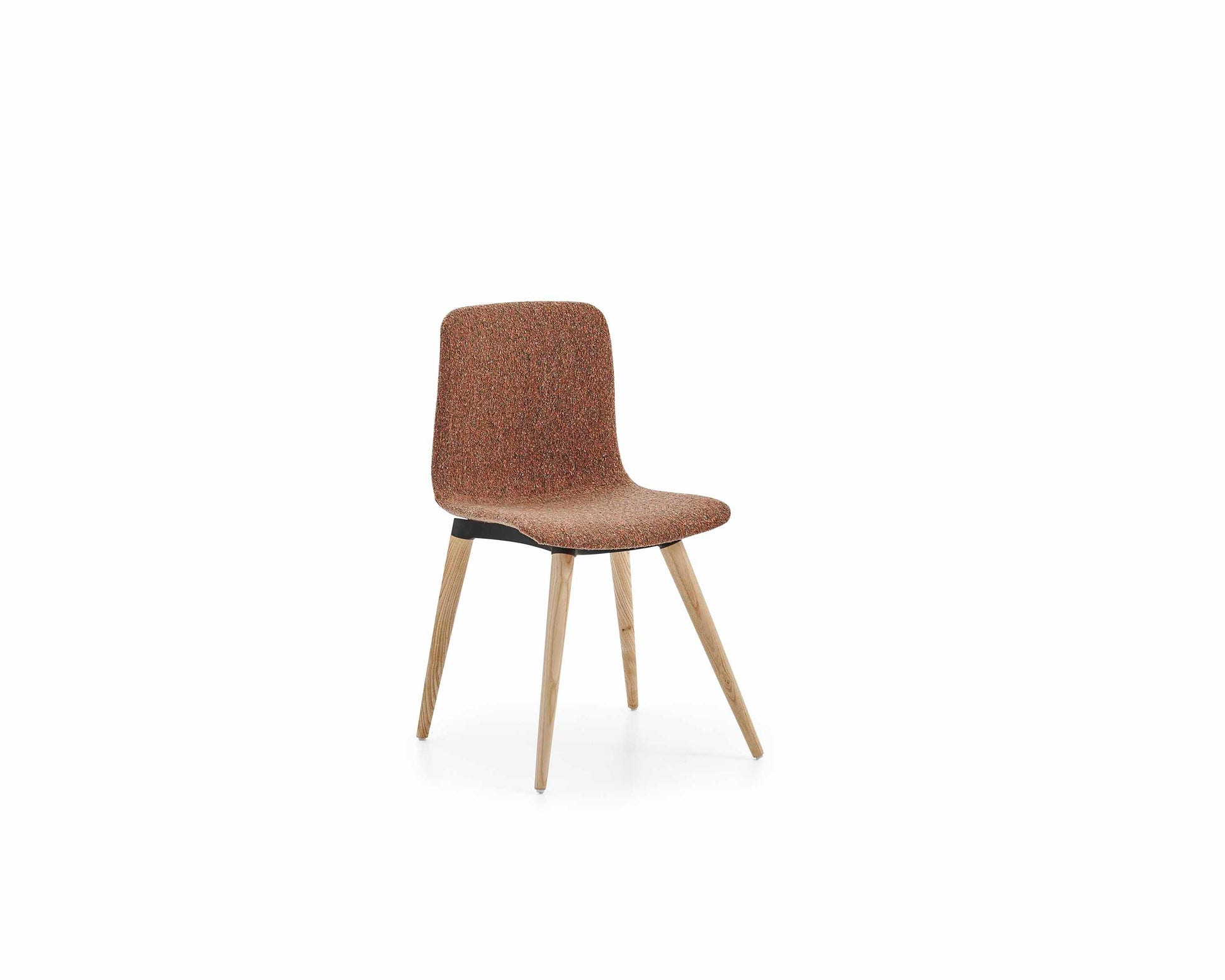 Brown upholstered chair with wooden legs on a white background