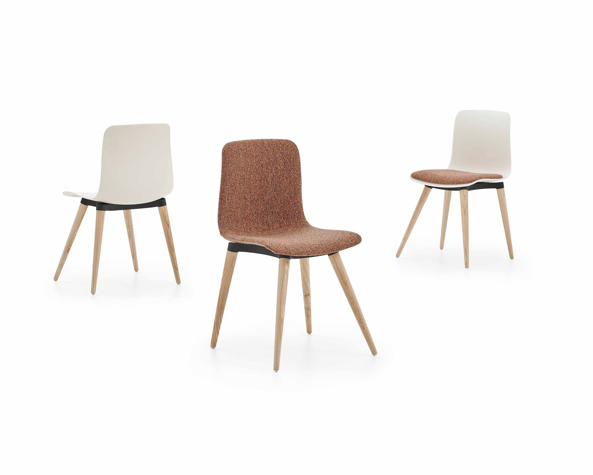 Three chairs with different seat and back designs on a white background