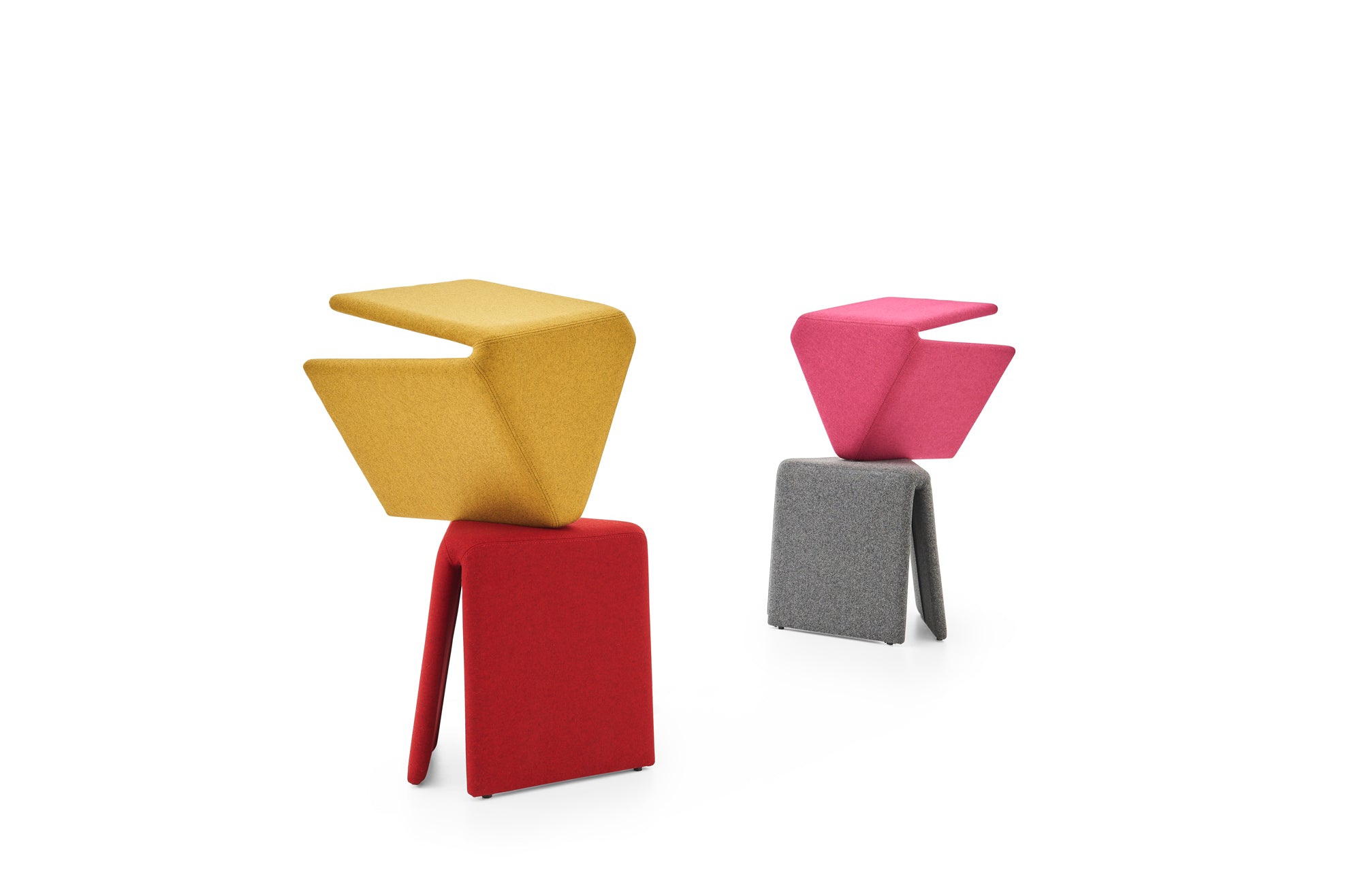 Three colorful geometric chairs on a white background