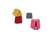 Three colorful stools in red, yellow, and gray on a white background