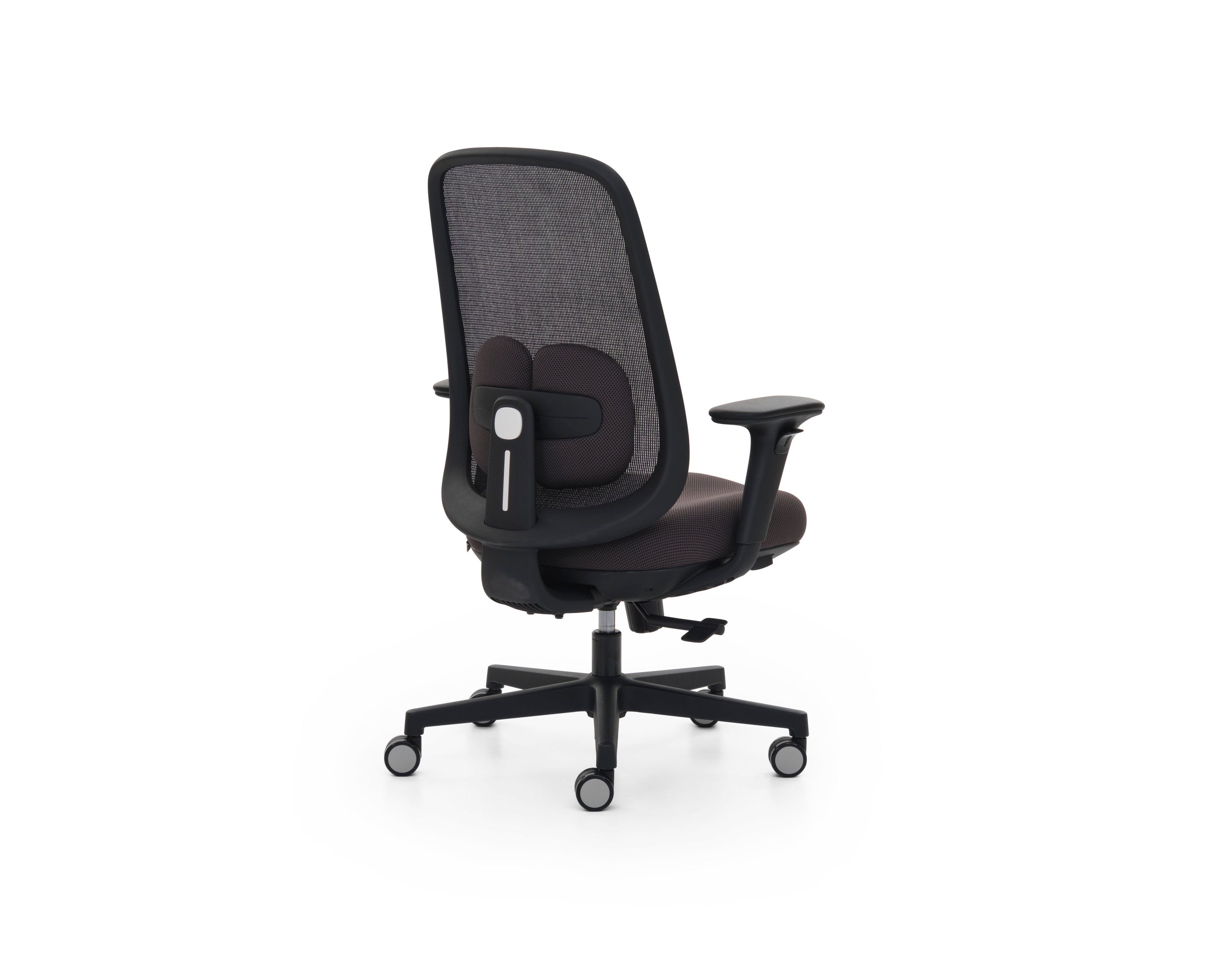 Black office chair with mesh backrest on a white background
