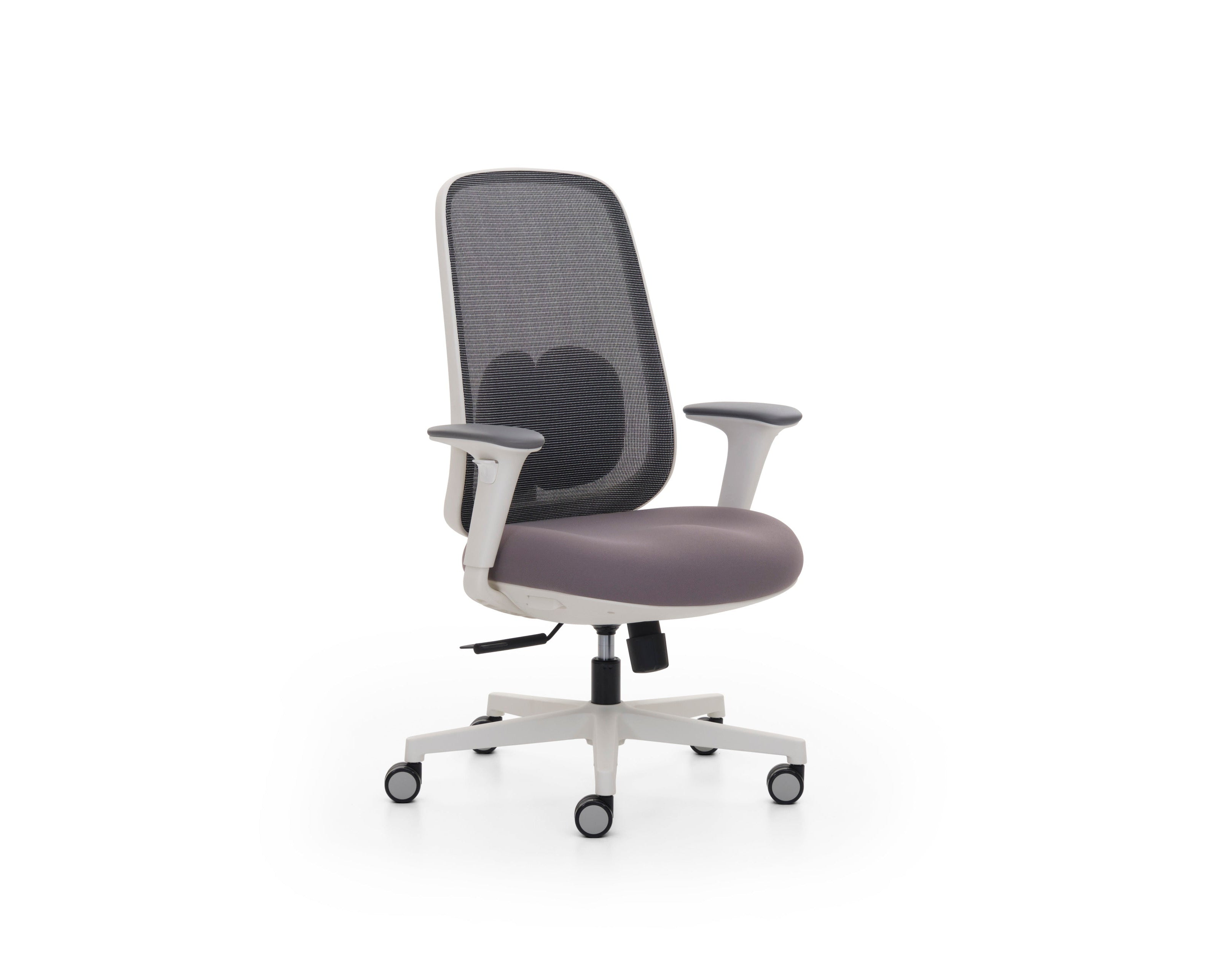 Gray office chair with mesh back on a white background