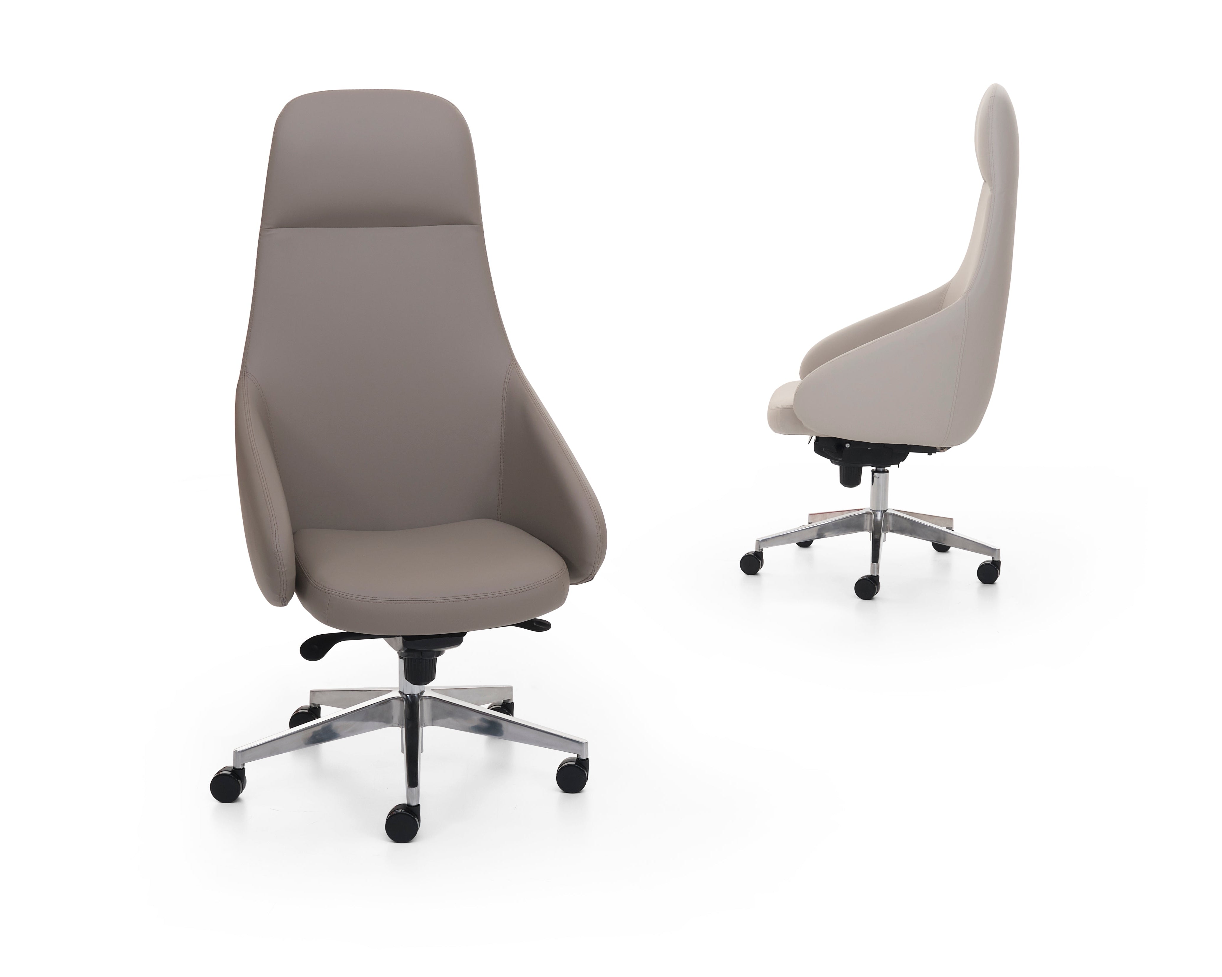 Two gray office chairs on a white background