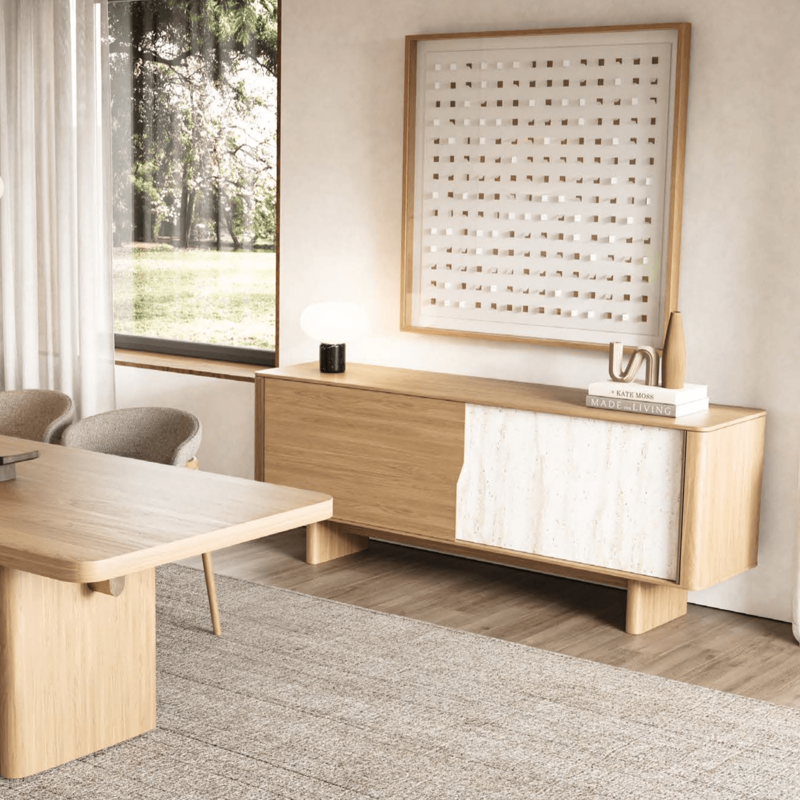 Tierra Oak Sideboard in warm oak with stone-textured panel and tapered legs.Minimalist design with natural materials and concealed storage.