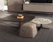 Trio Coffee Table Set in modern living room – 3-piece set with wood-top table, ceramic table, and customizable pouf Canapy Furniture