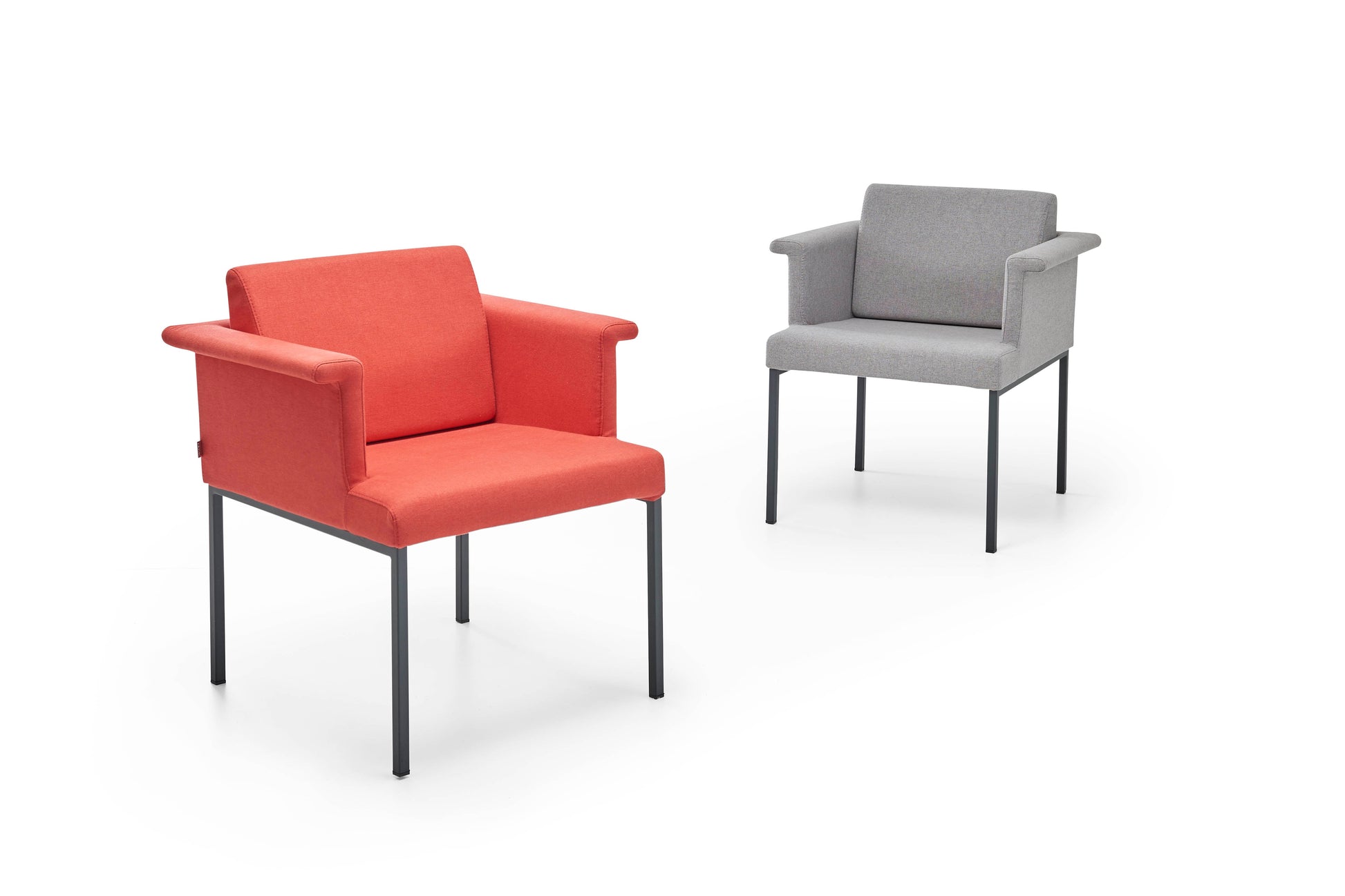Two chairs, one red and one gray, on a white background