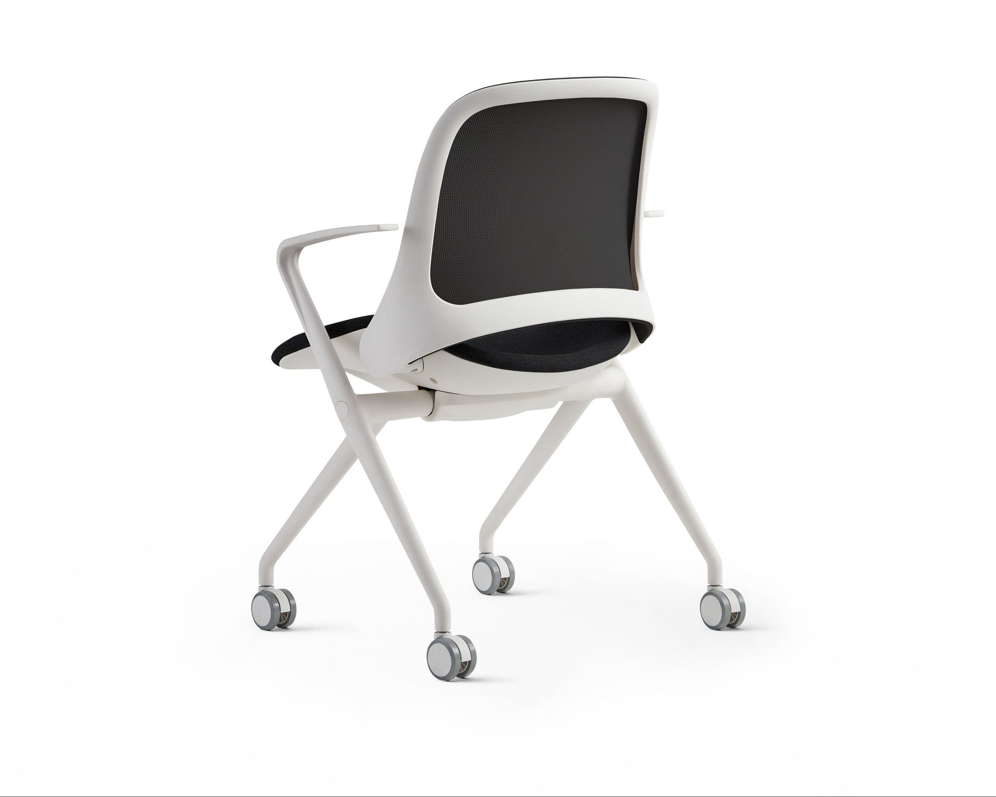 Modern office chair with black mesh backrest and white frame on a white background