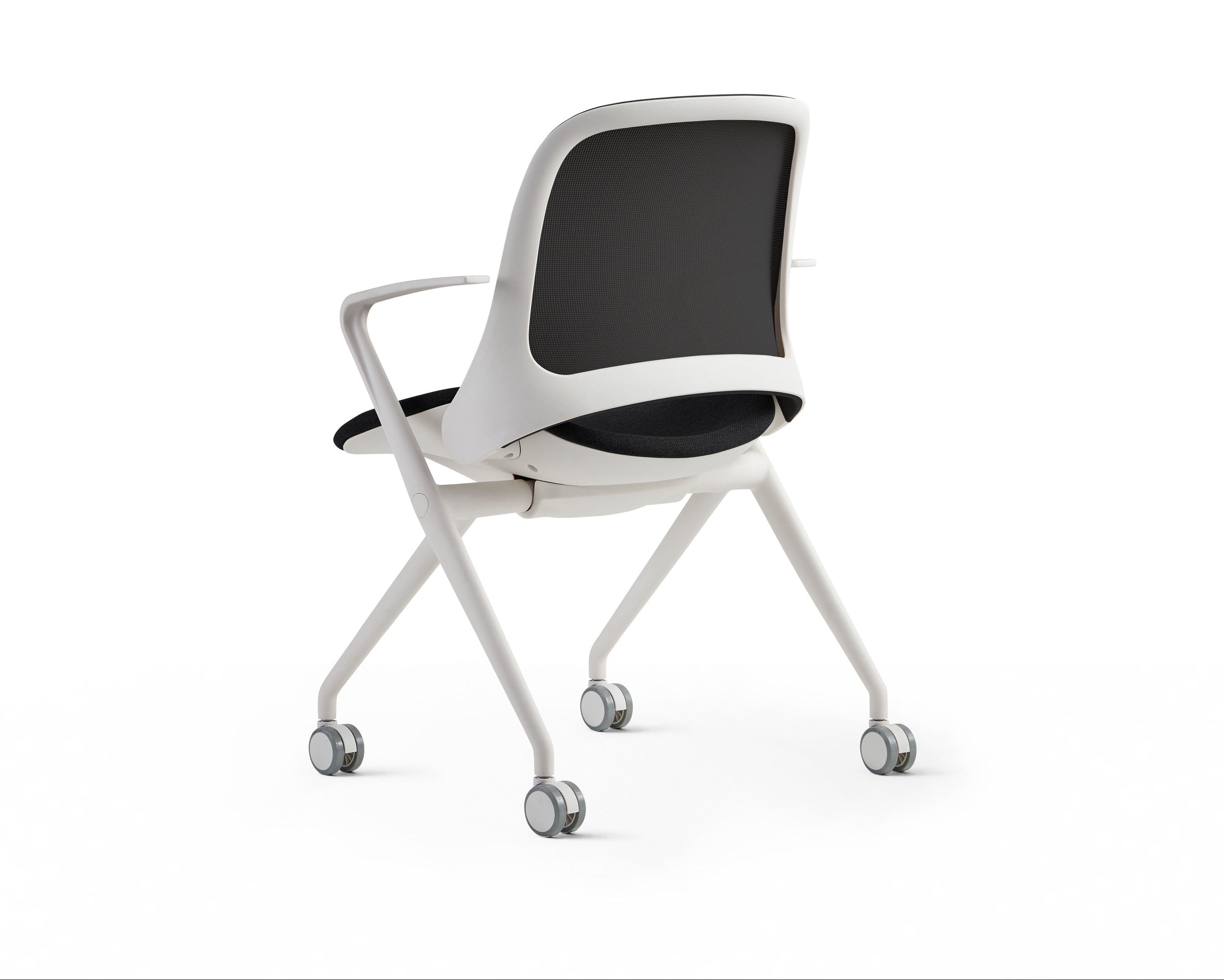 Modern office chair with black mesh backrest and white frame on a white background