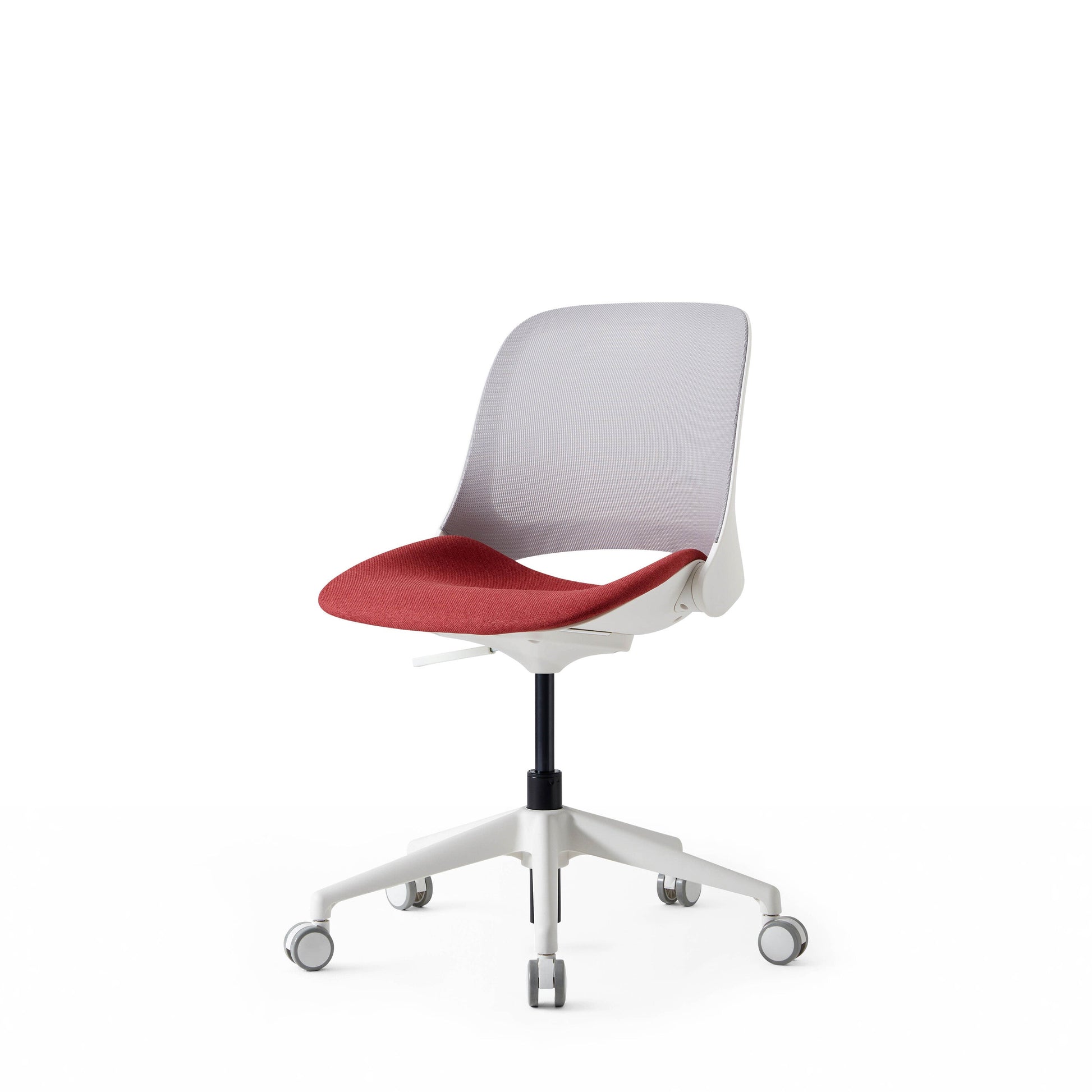 Modern office chair with red seat and gray backrest on a white background