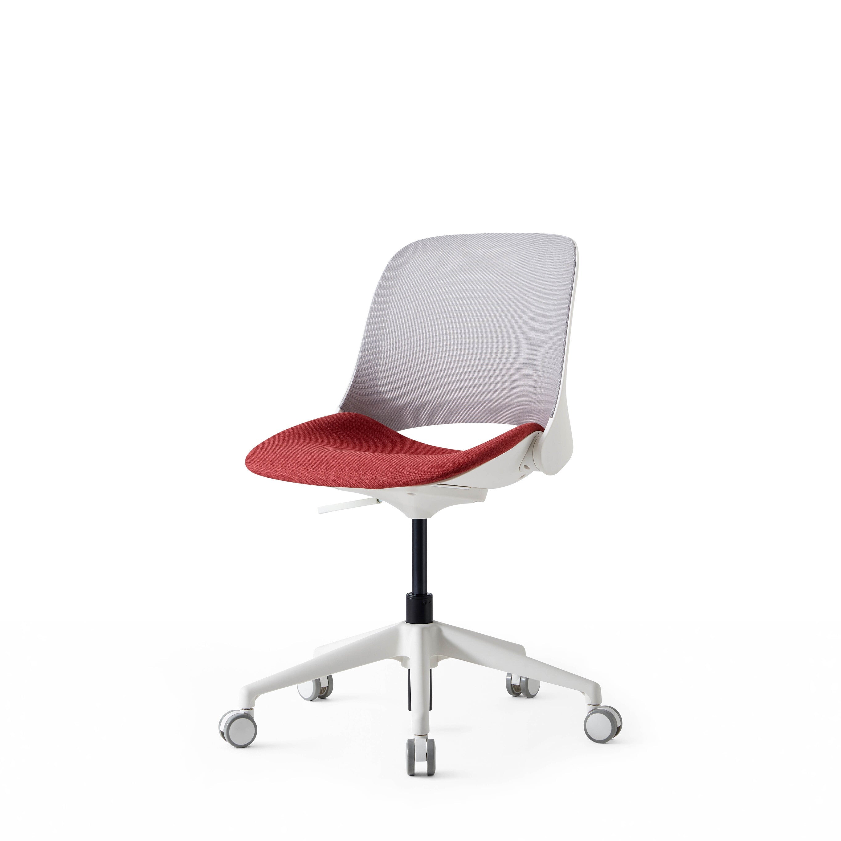 Modern office chair with red seat and gray backrest on a white background