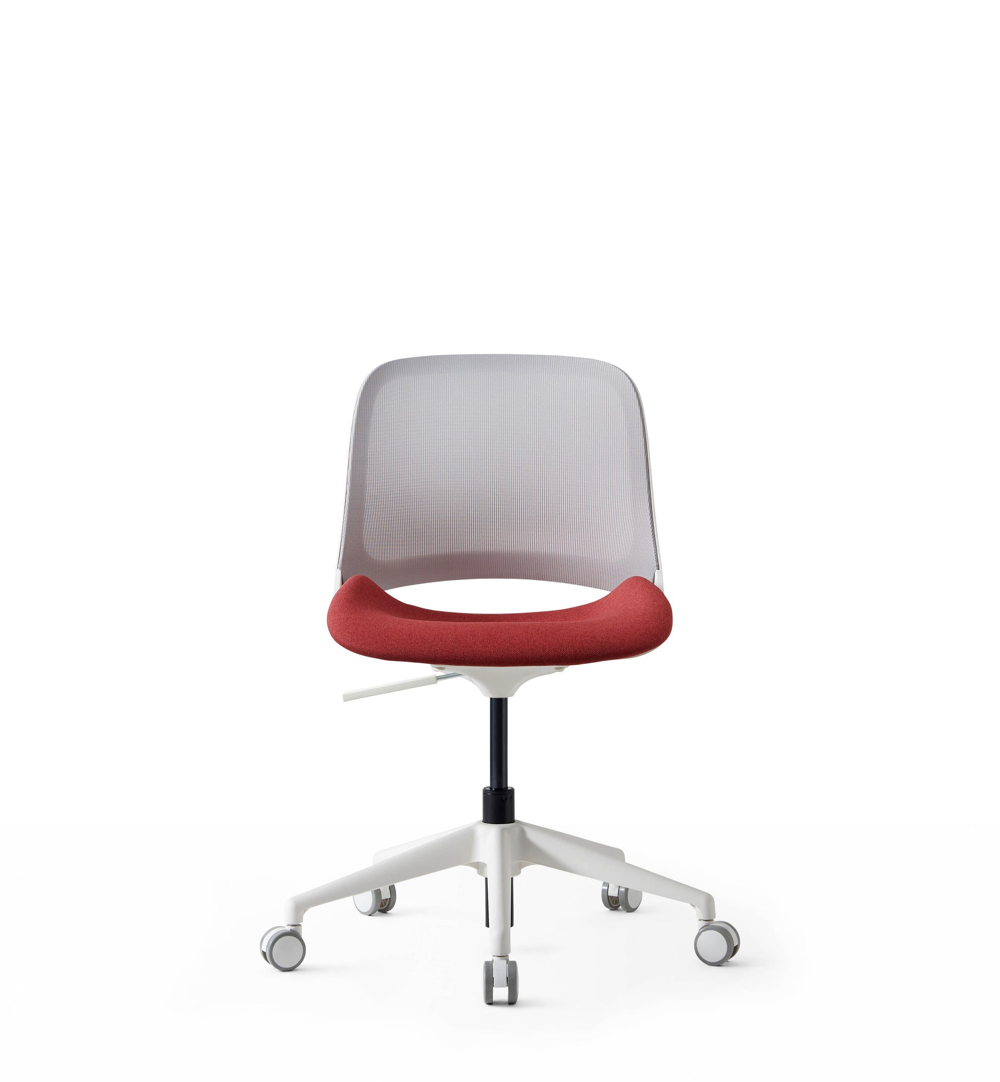 Modern office chair with red seat and gray backrest on a white background