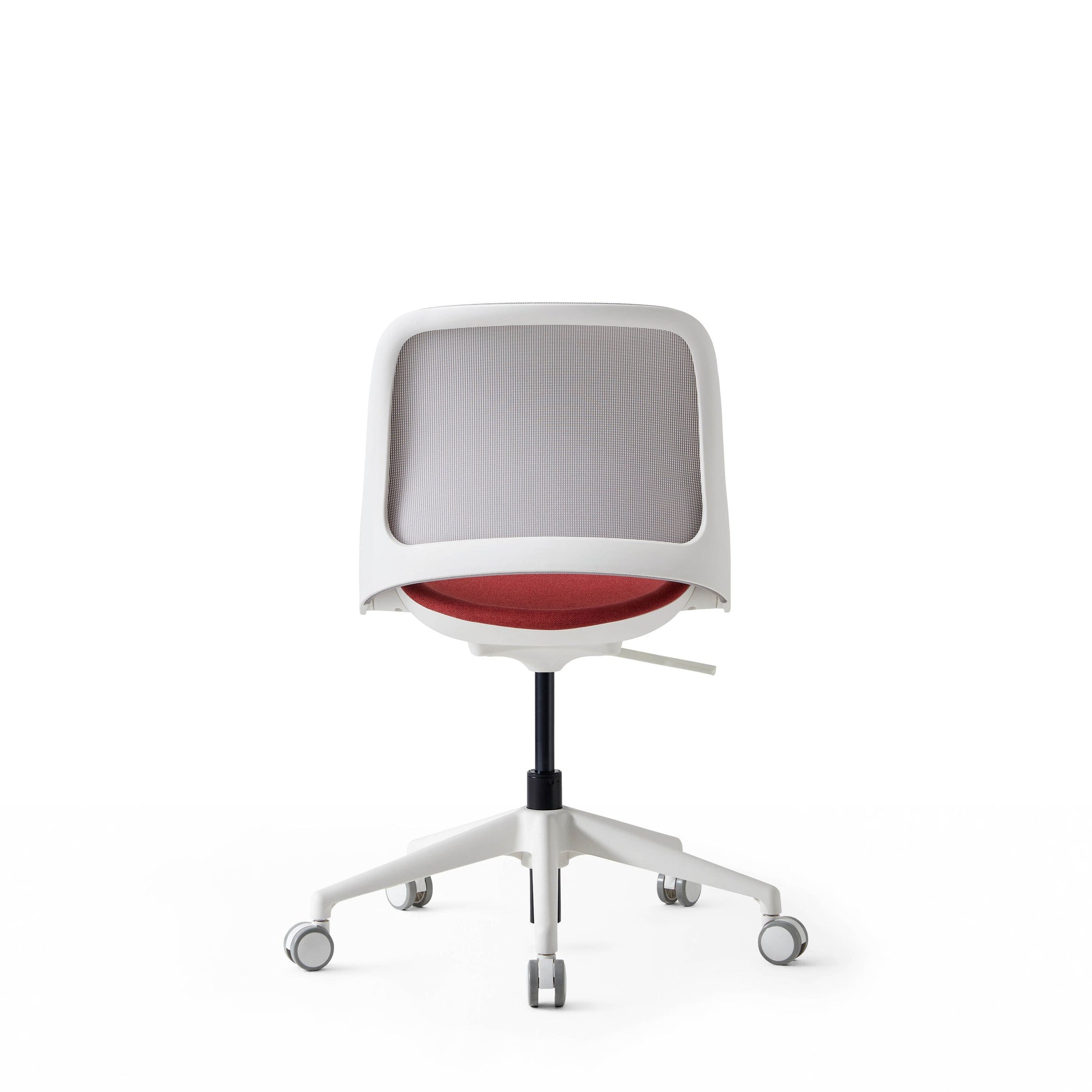 Modern office chair with red seat and white frame on a white background
