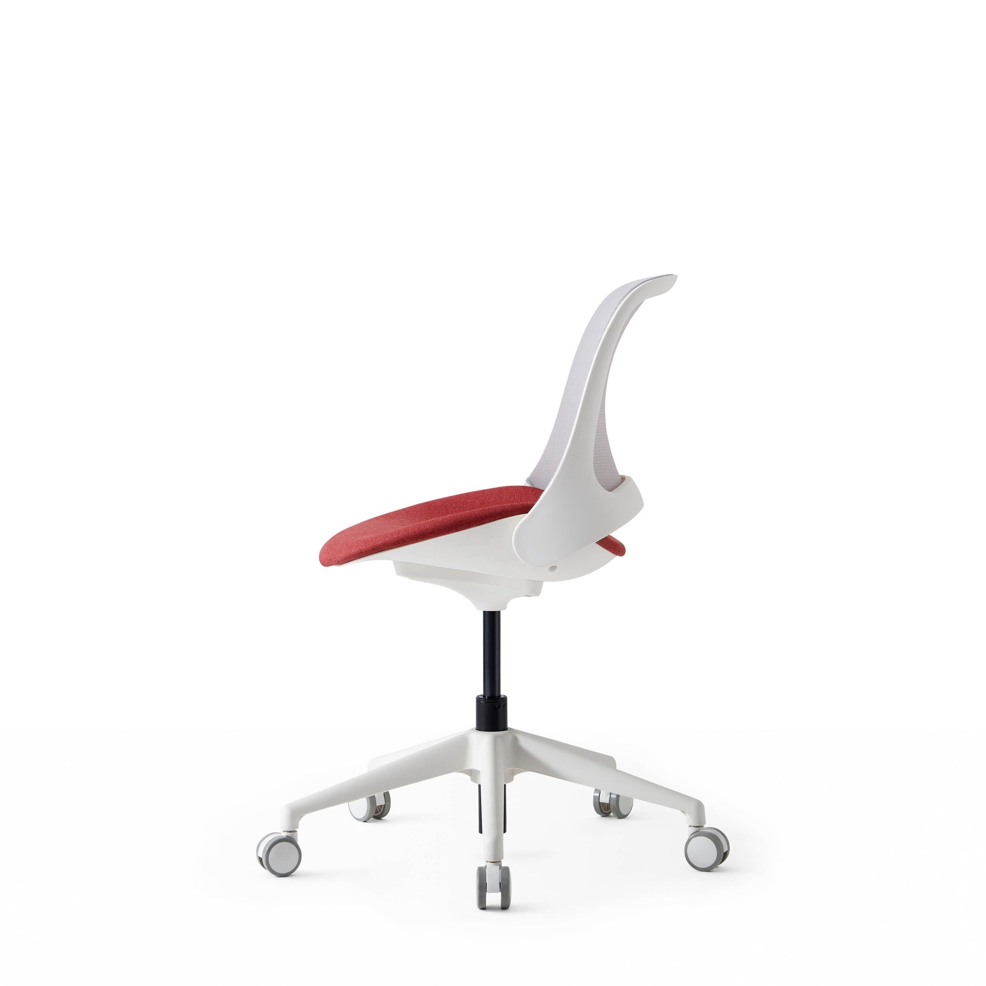 White office chair with red seat on a white background