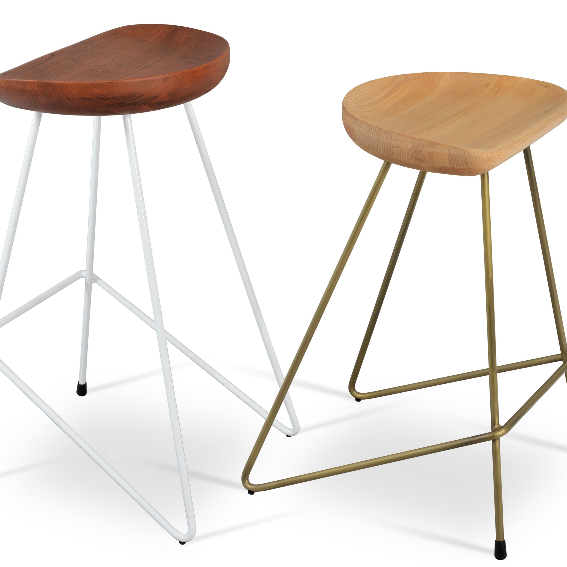 Two wooden stools with different metal base designs on a white background
