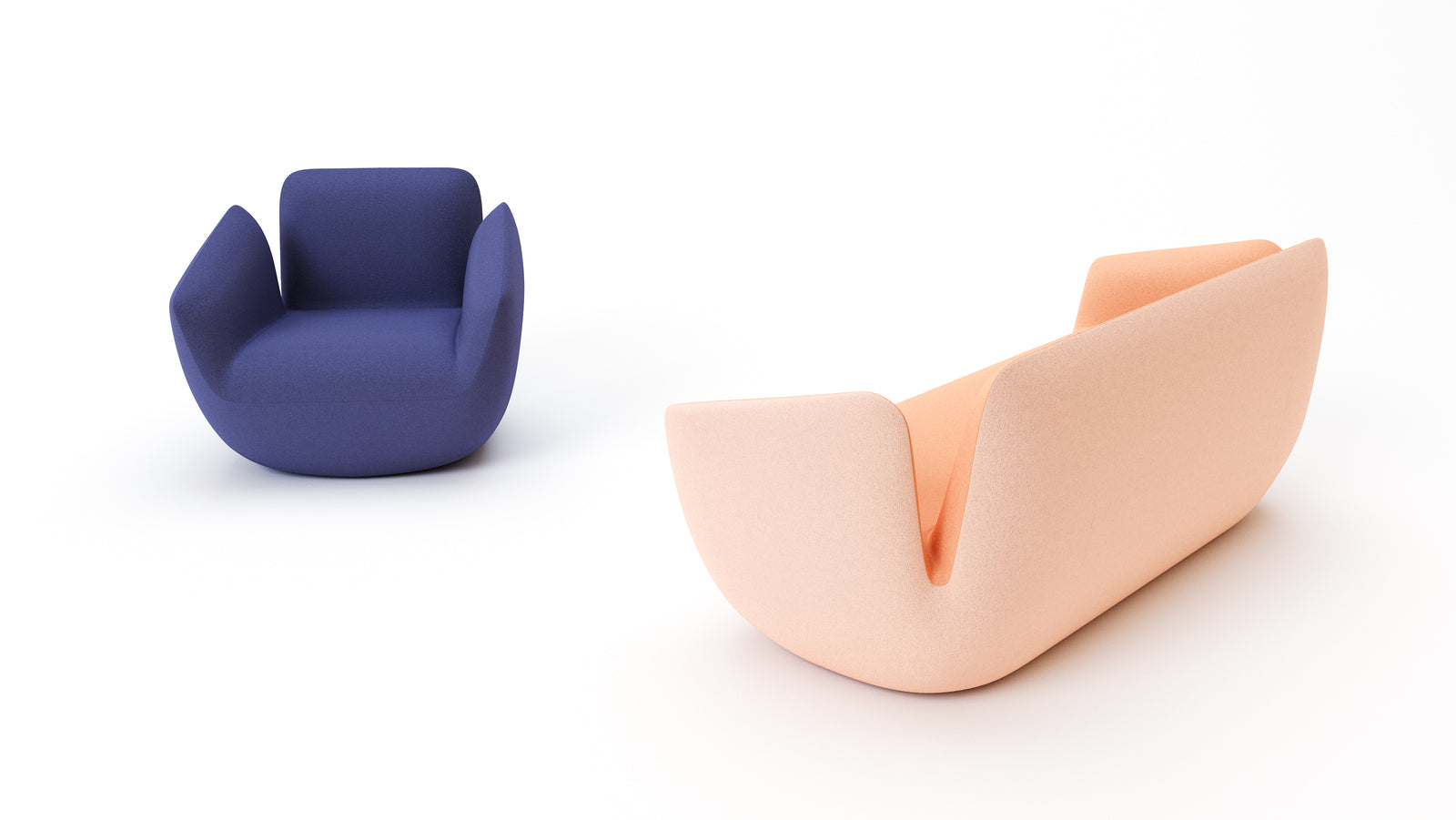 Two unique chairs, one blue and one peach-colored, on a white background