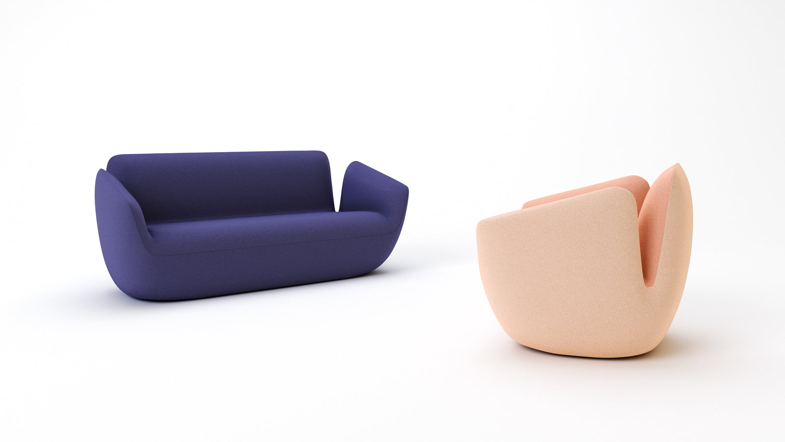 Blue sofa and beige chair on a white background