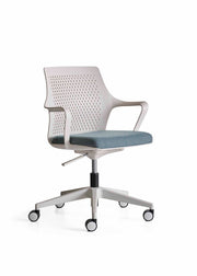 Modern office chair with a white frame and gray seat on a white background