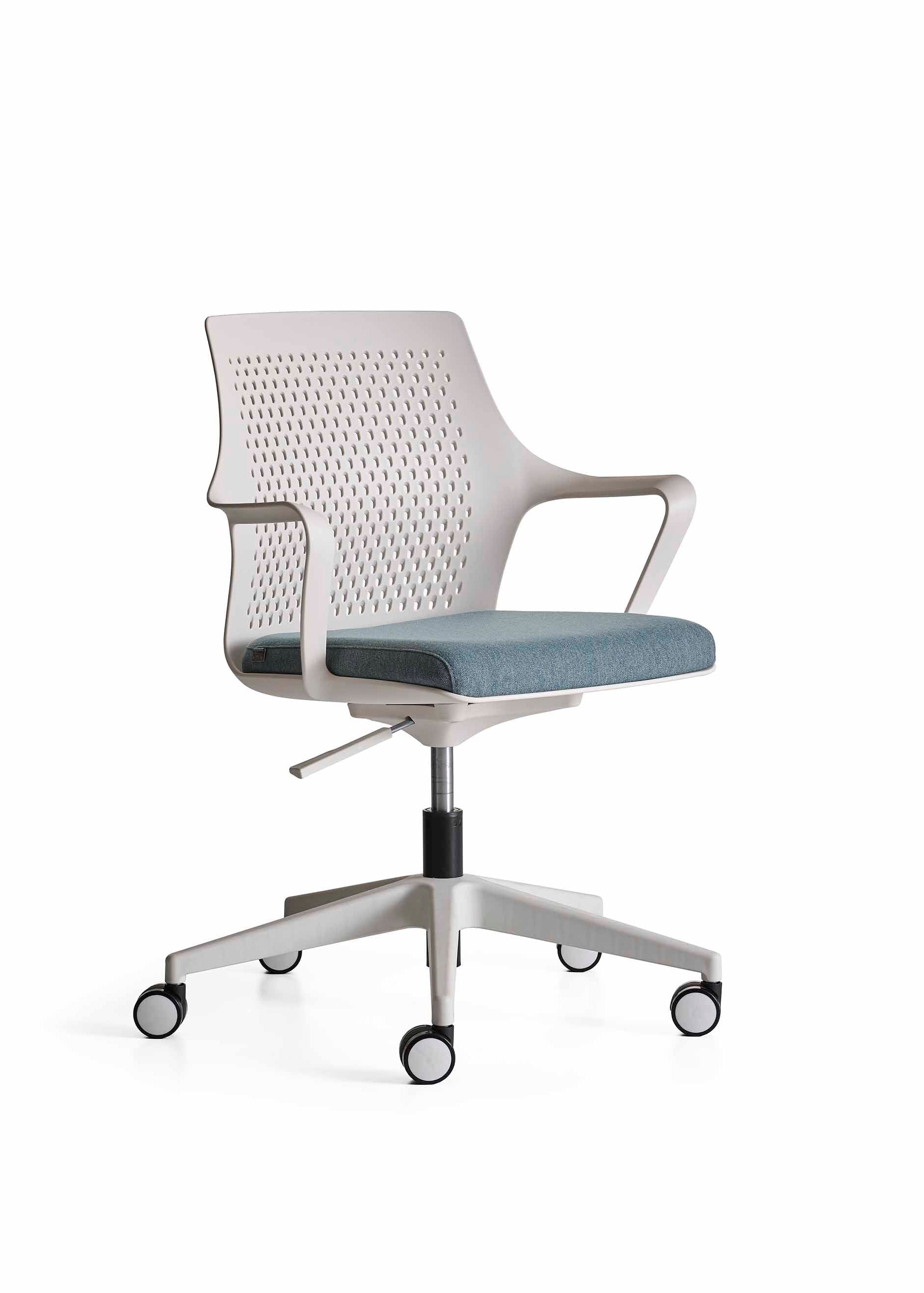 Modern office chair with a white frame and gray seat on a white background
