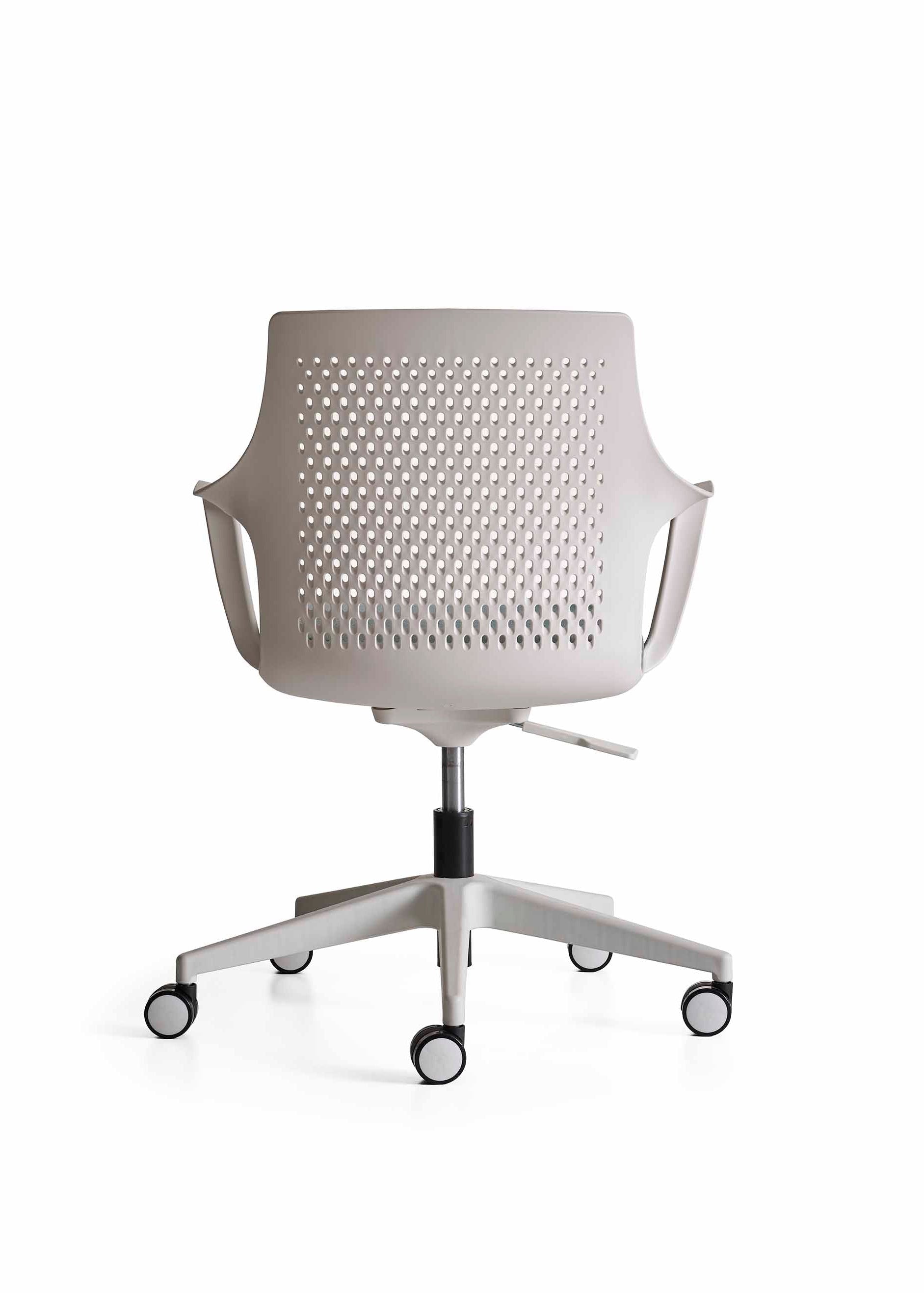 White office chair with a mesh back on a white background