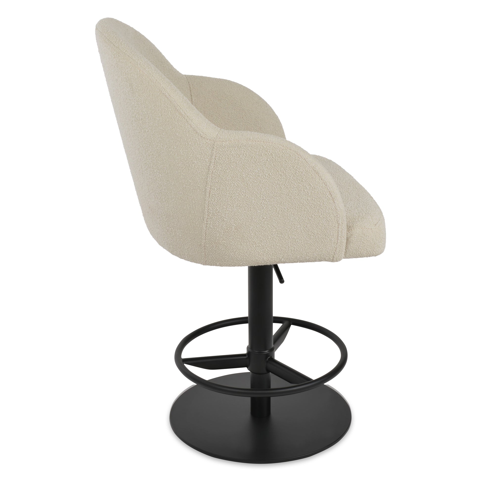 Beige swivel chair with black base on a white background