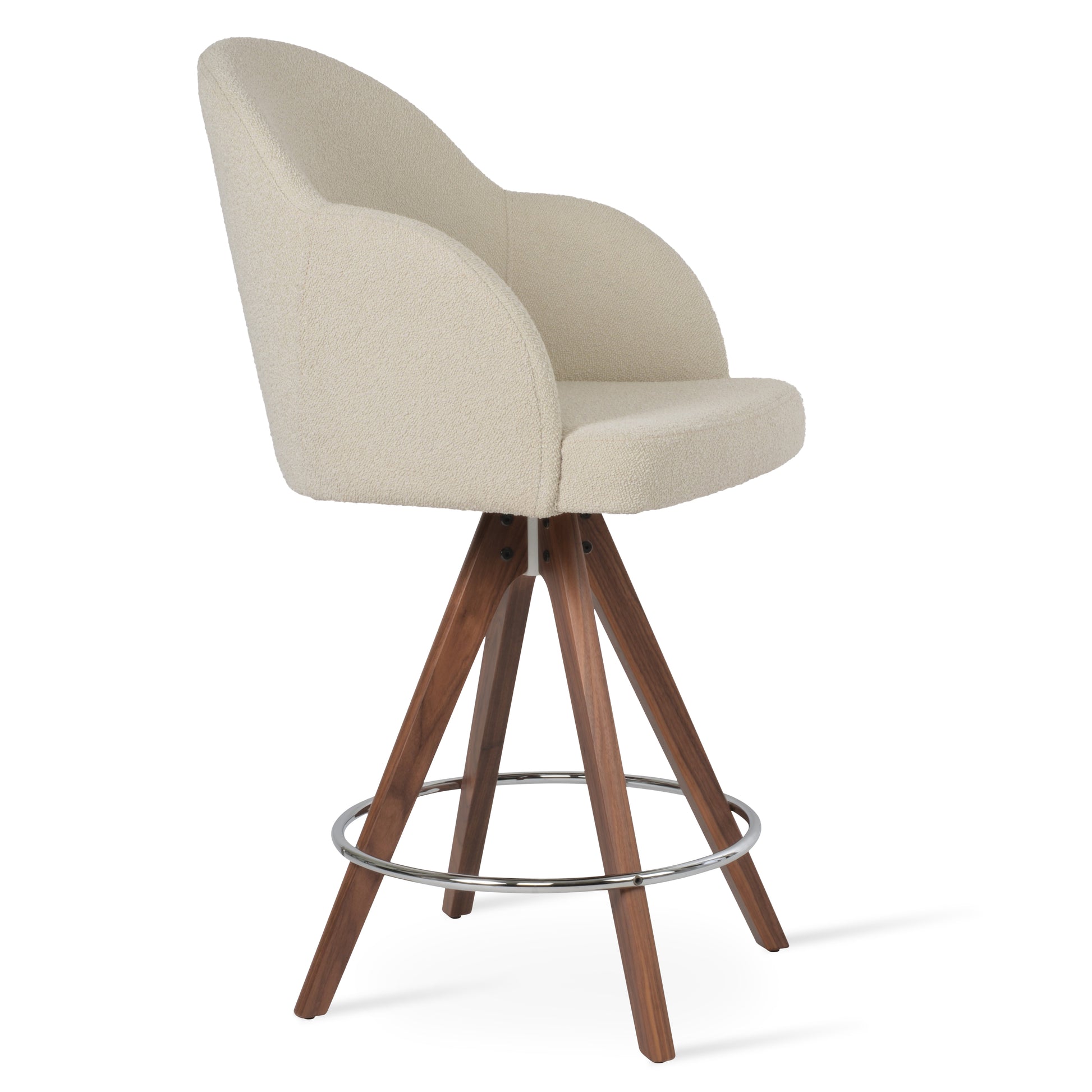 Beige bar stool with wooden legs on a white background