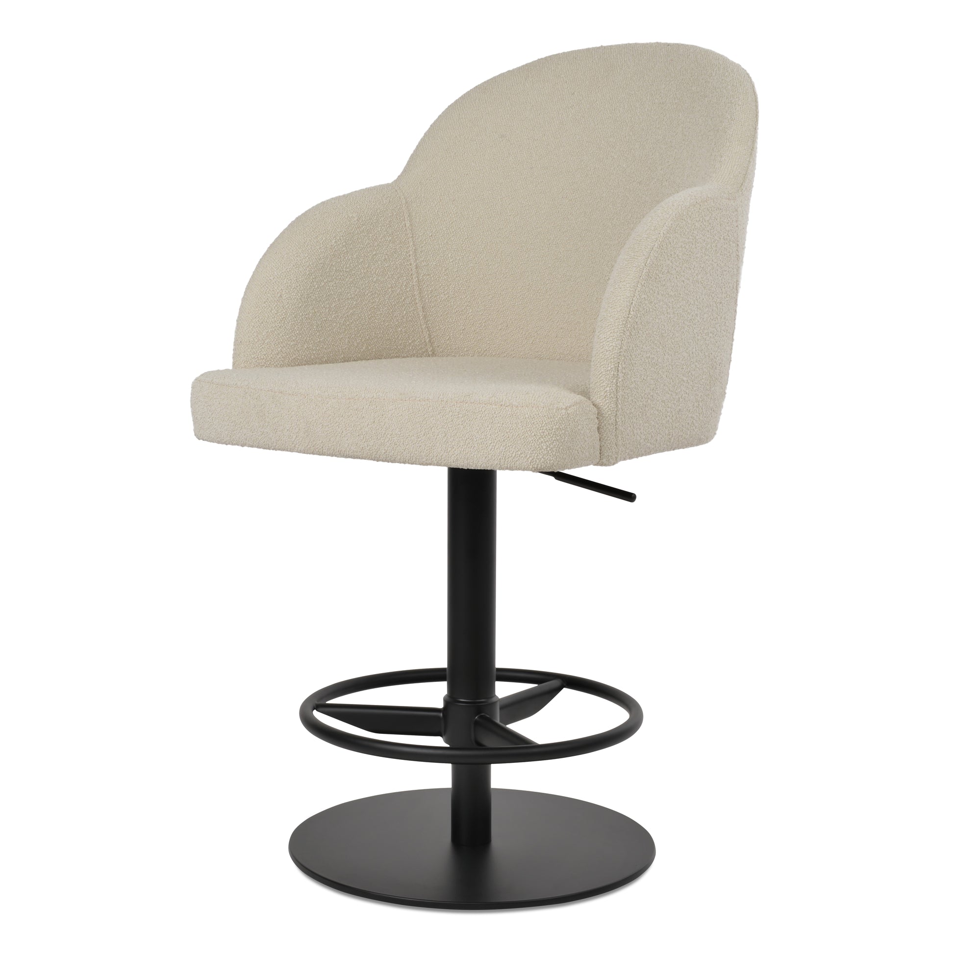 Beige bar stool with black metal base on a white background