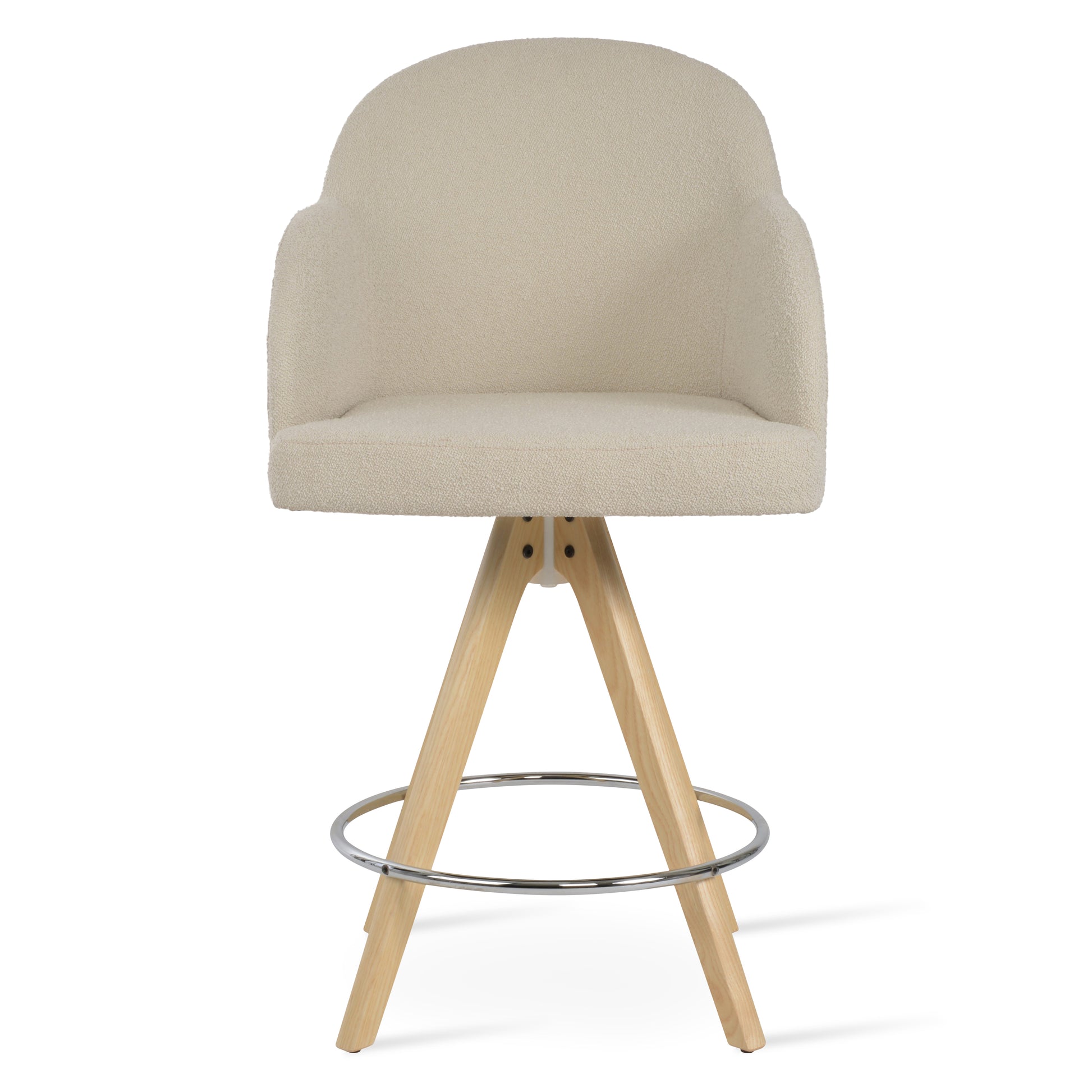 Beige bar stool with wooden legs on a white background