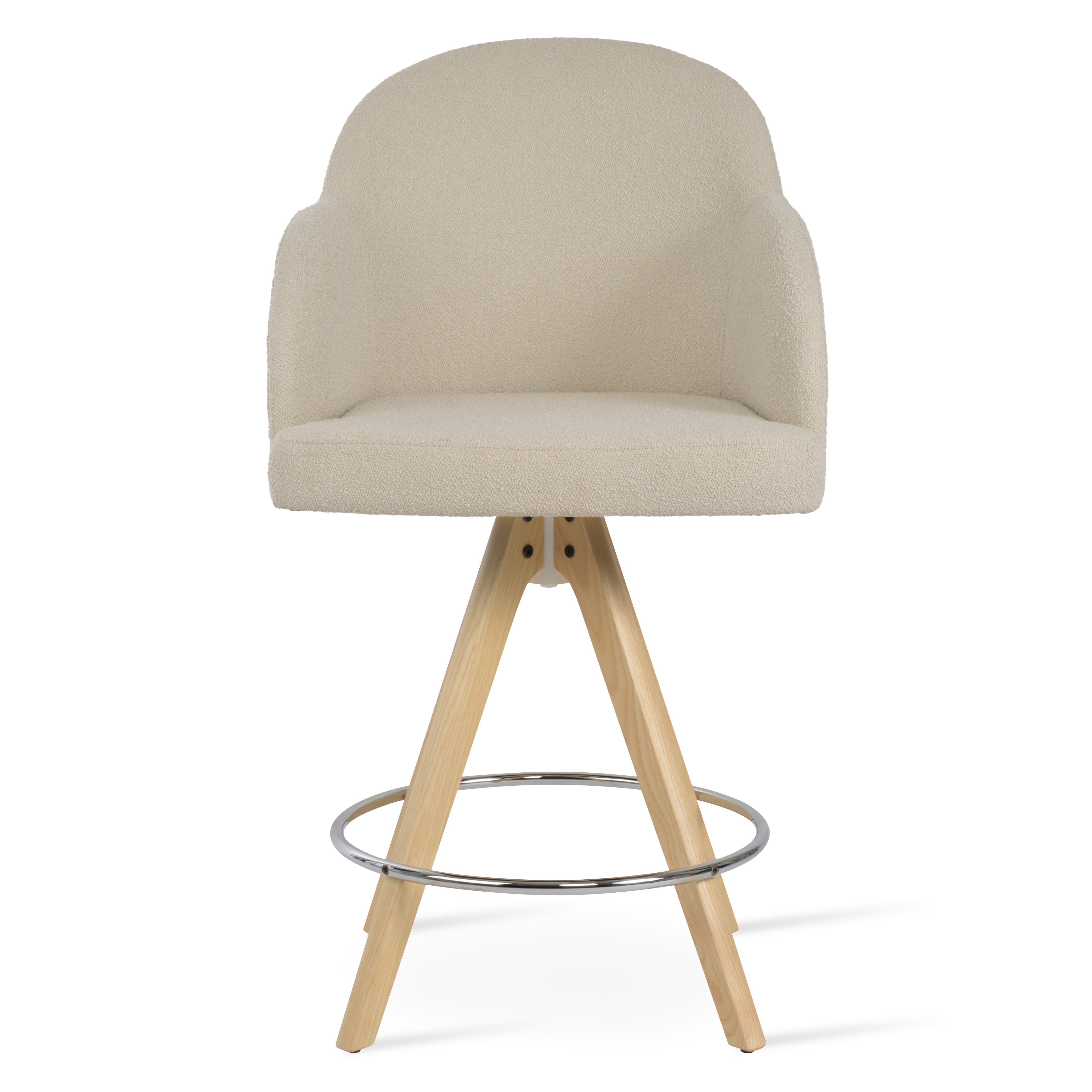 Beige bar stool with wooden legs on a white background