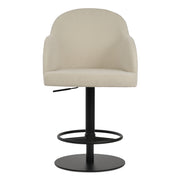 Beige swivel bar stool with black base on a white background