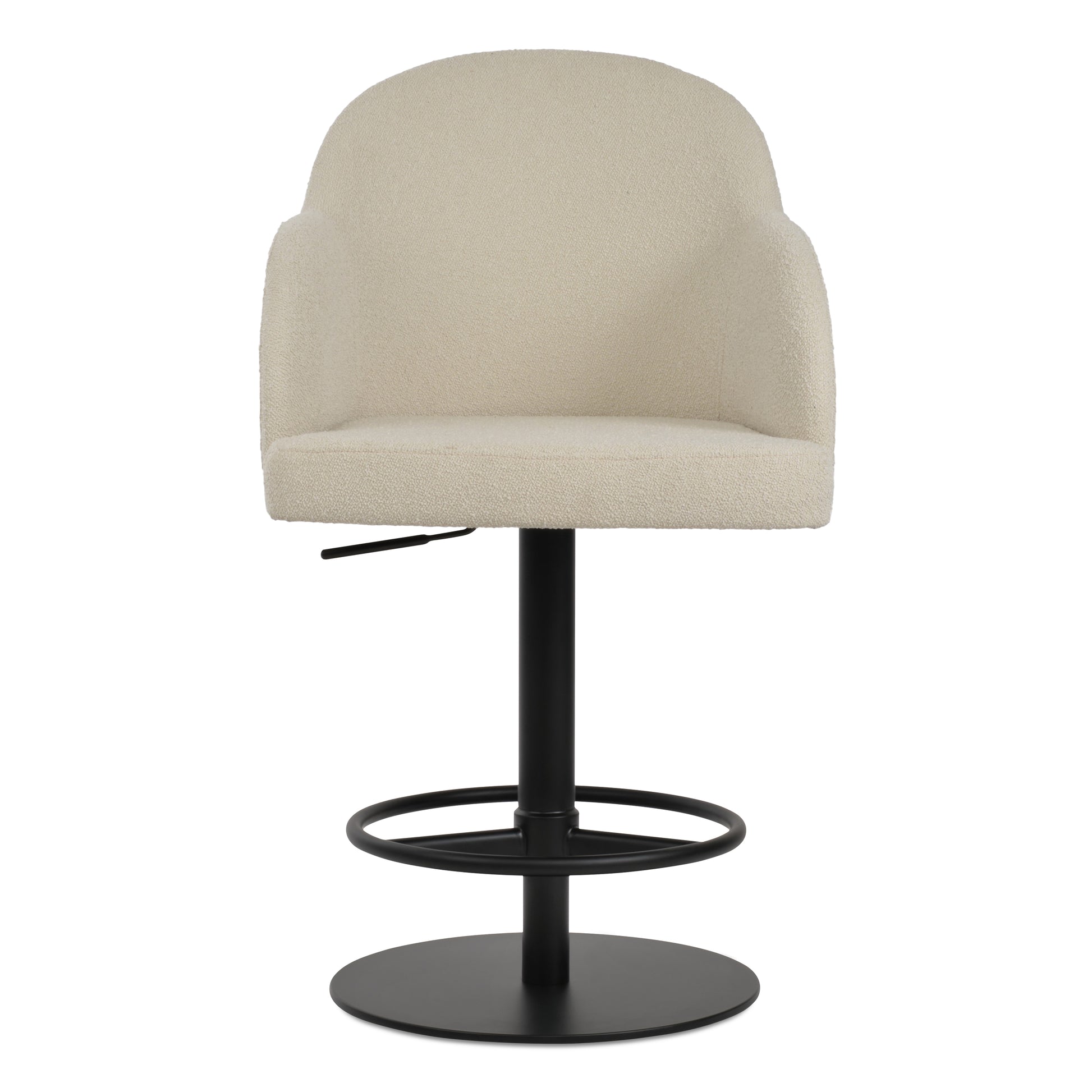 Beige swivel bar stool with black base on a white background