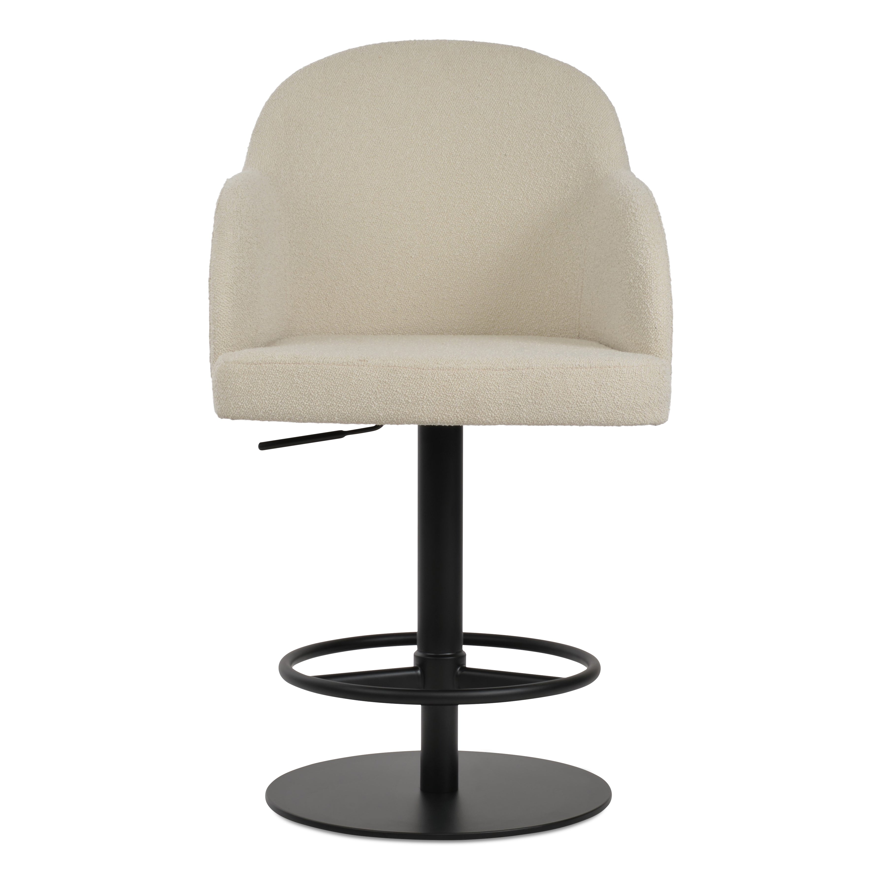 Beige swivel bar stool with black base on a white background