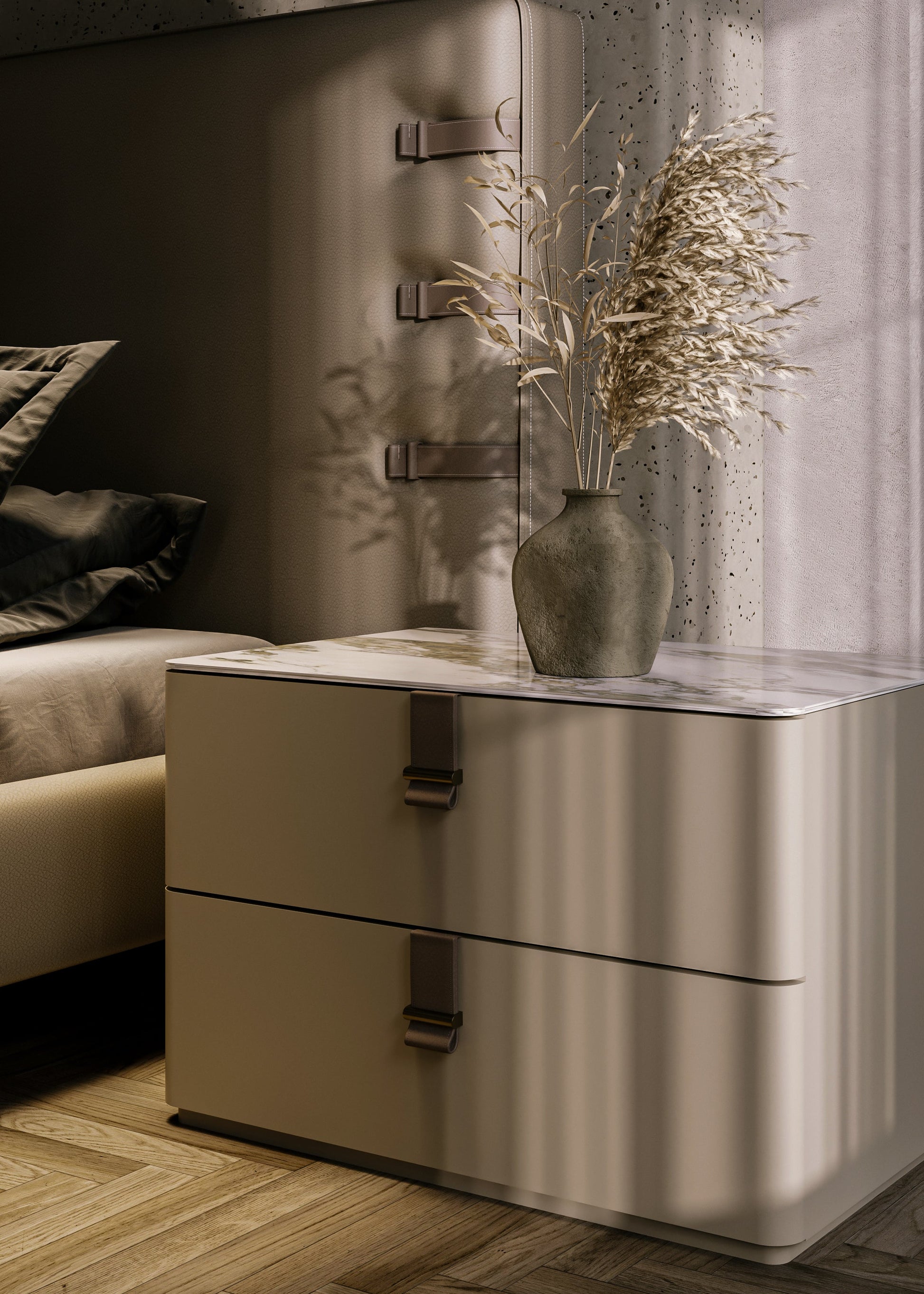 Modern side table with decorative vase and plant in a living room setting