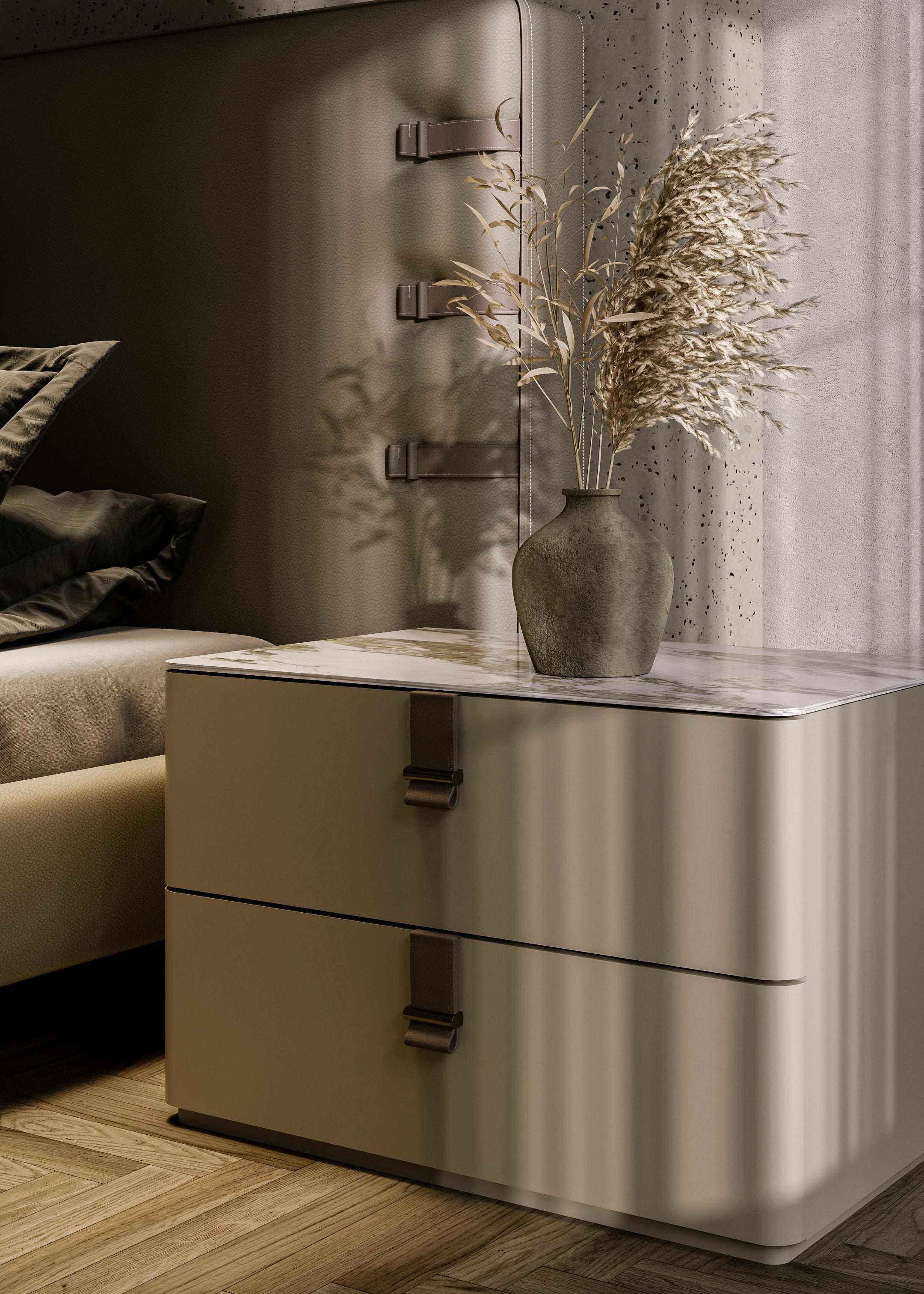 Modern side table with decorative vase and plant in a living room setting