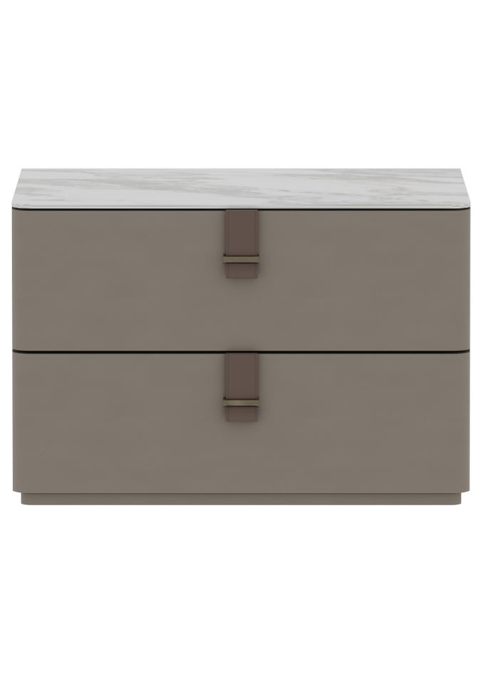 Two-drawer vanity unit with marble top on a white background