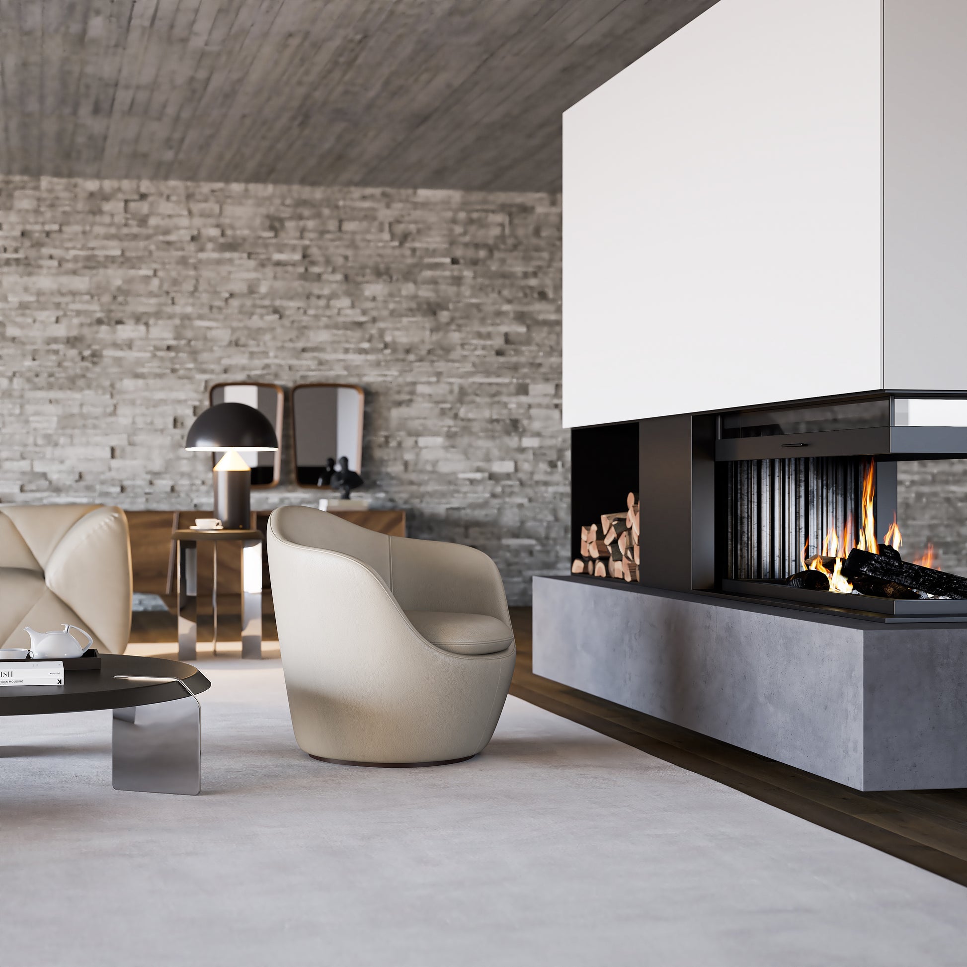  Eclipse Armchair placed near a modern fireplace in a contemporary living room.