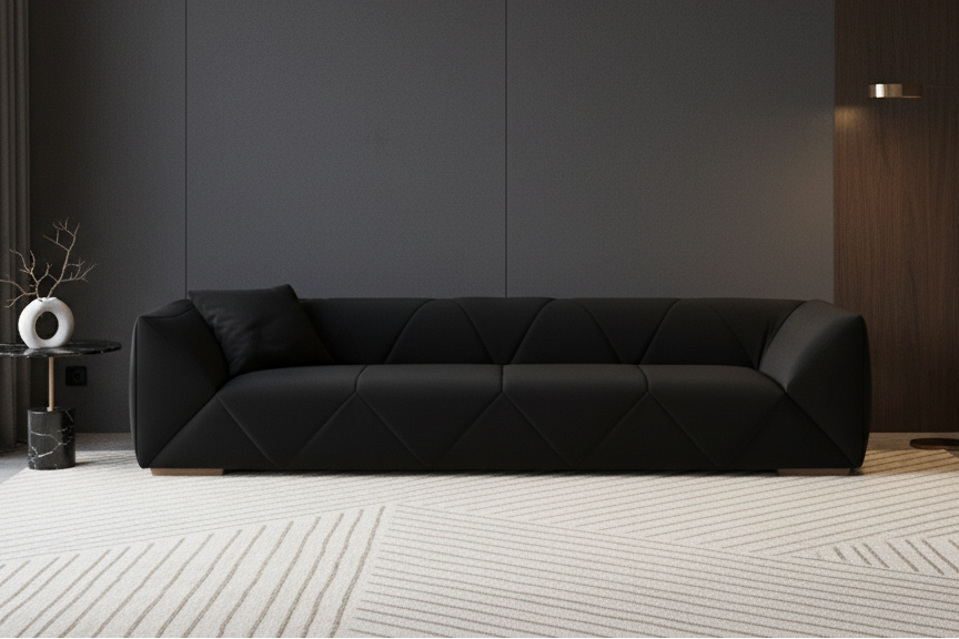 Modern living room with a black sofa against a dark wall.