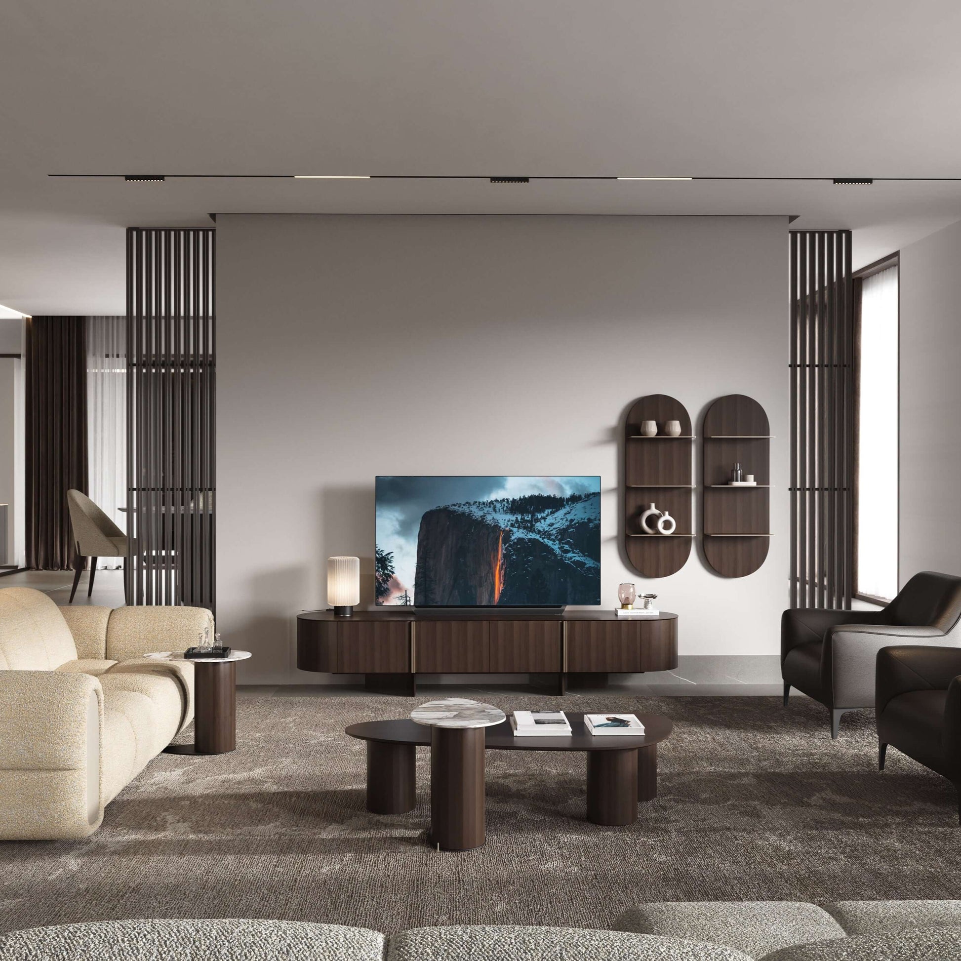 Gamma TV unit in dark wood with curved edges, marble-effect top, and subtle metallic accents. Elegant modern design with concealed storage for media accessories.