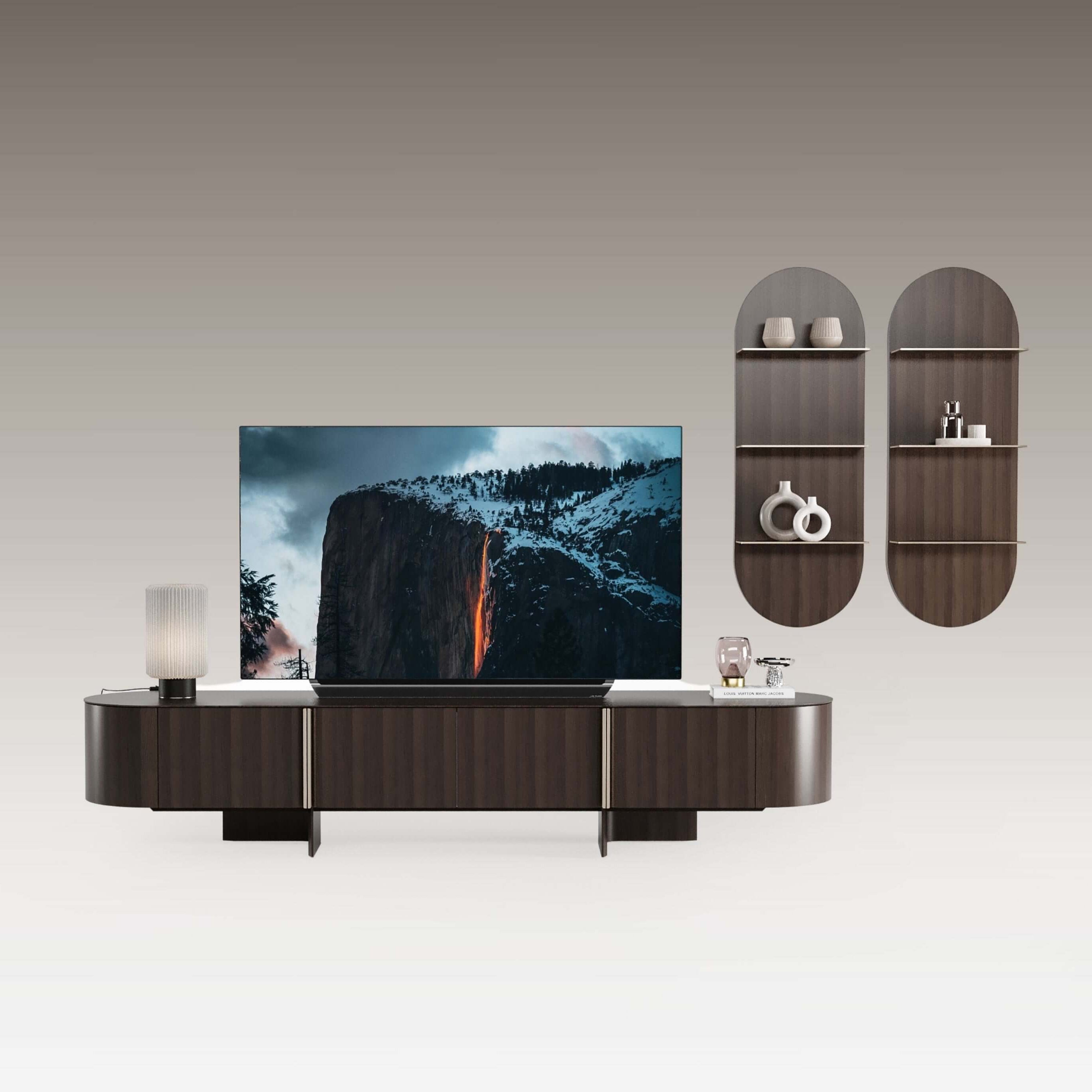 Gamma TV unit in dark wood with curved edges, marble-effect top, and subtle metallic accents.Elegant modern design with concealed storage for media accessories.