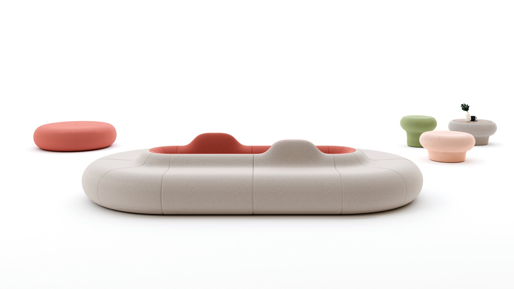 Modern outdoor furniture set with a large beige sofa and smaller colorful chairs on a white background