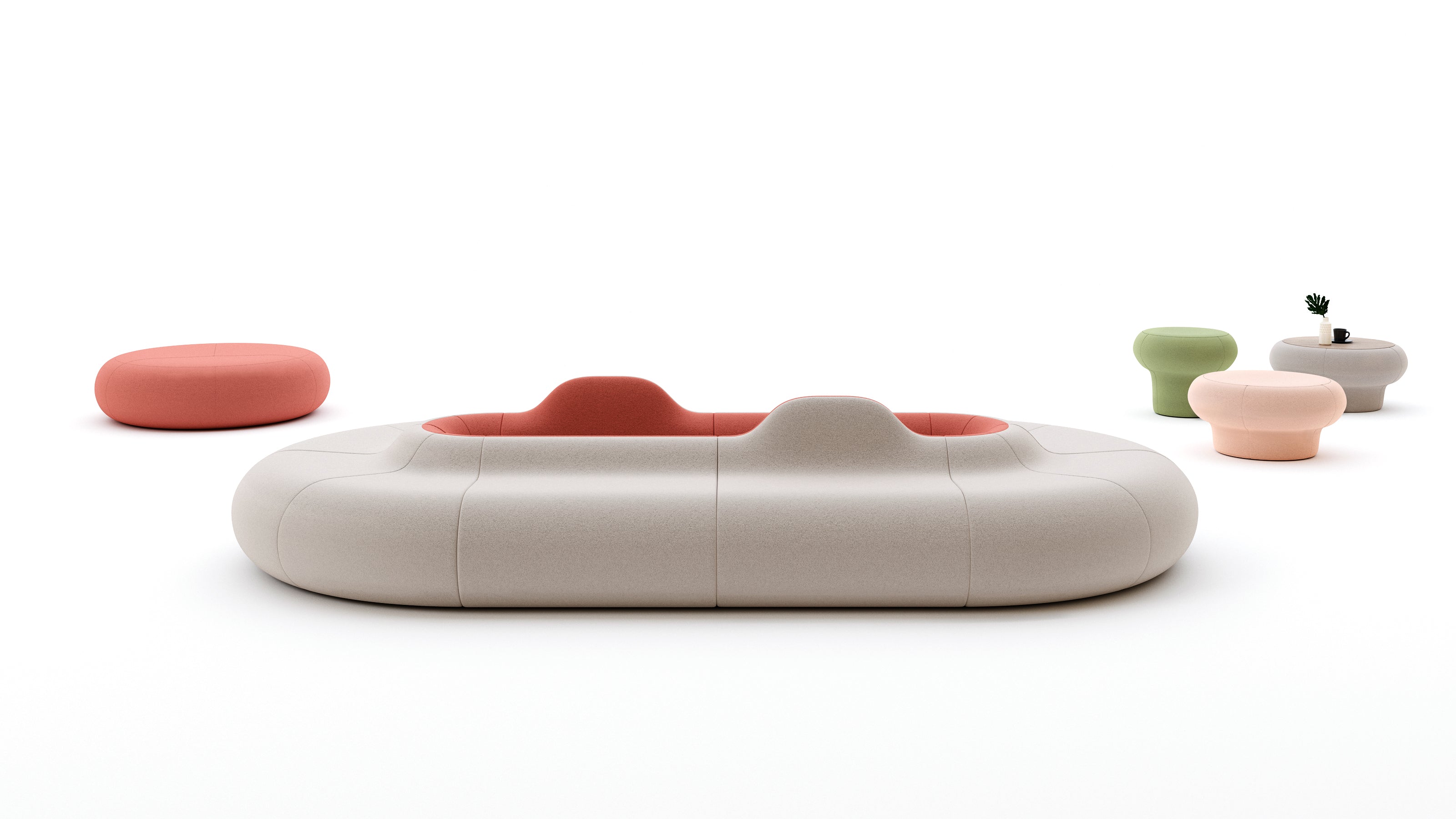 Modern outdoor furniture set with a large beige sofa and smaller colorful chairs on a white background