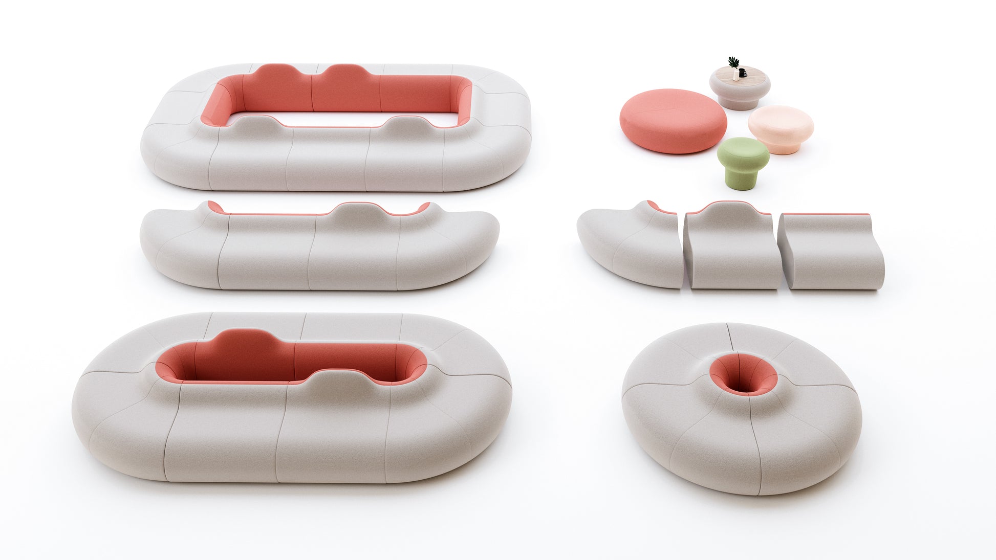 Set of inflatable pool toys in various shapes and colors on a white background