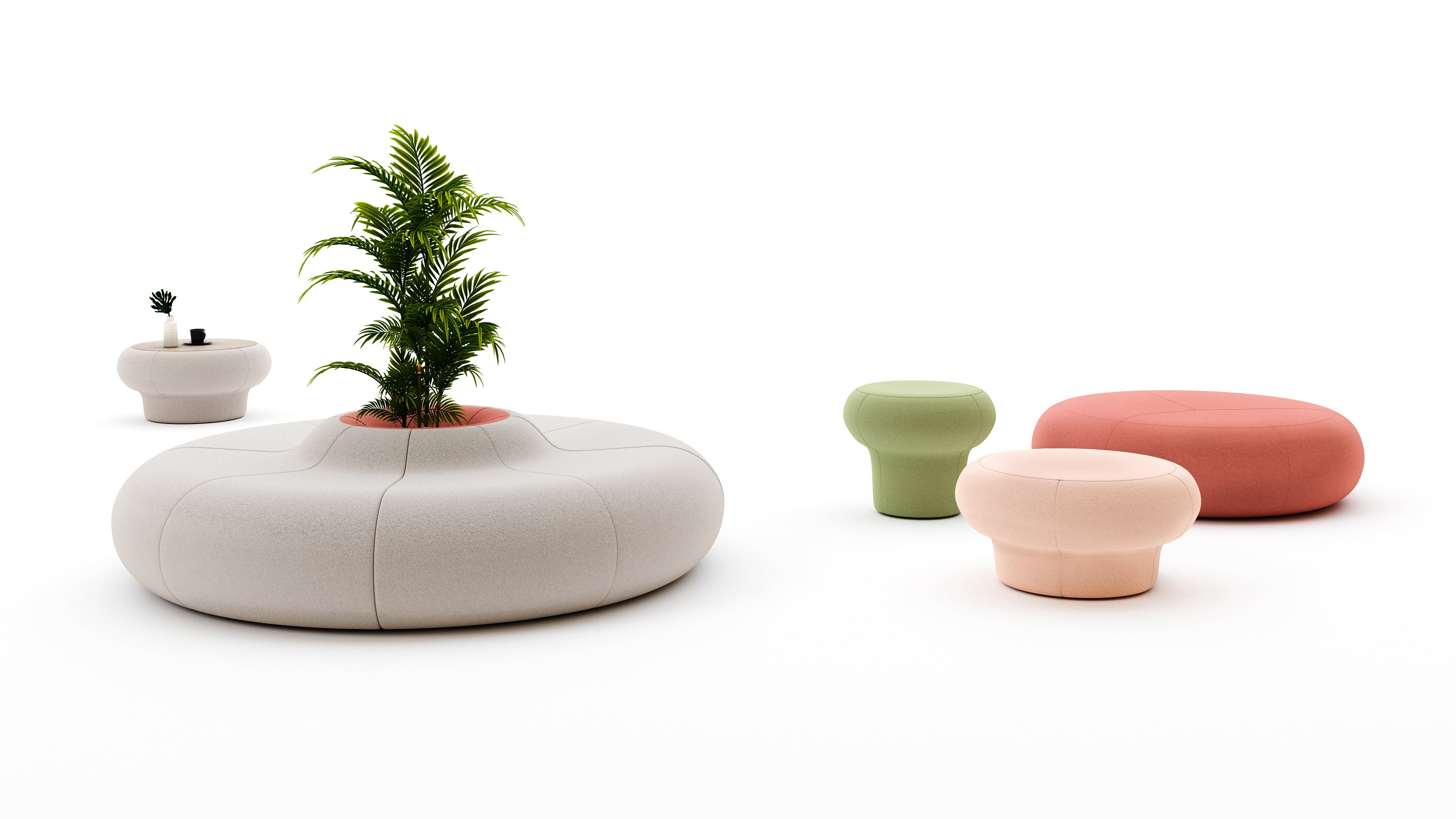 Set of colorful mushroom-shaped stools on a white background