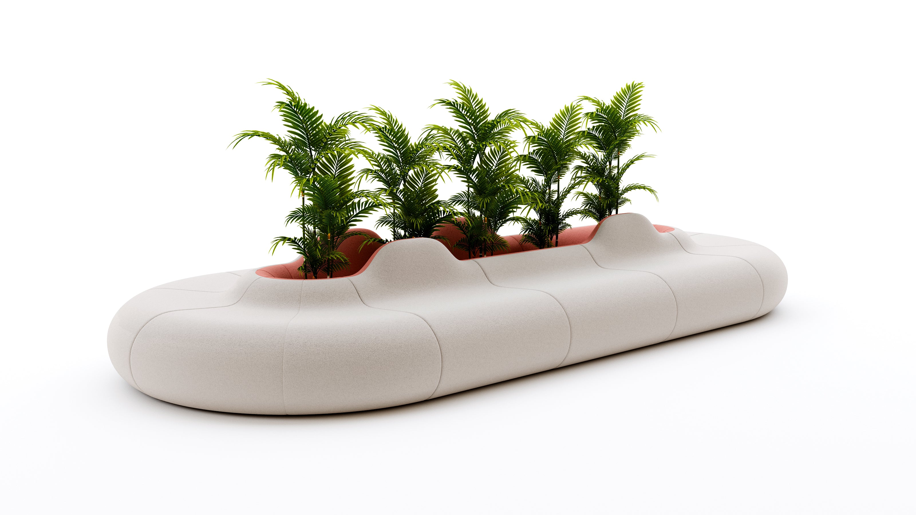 Modern white planter with green plants on a white background