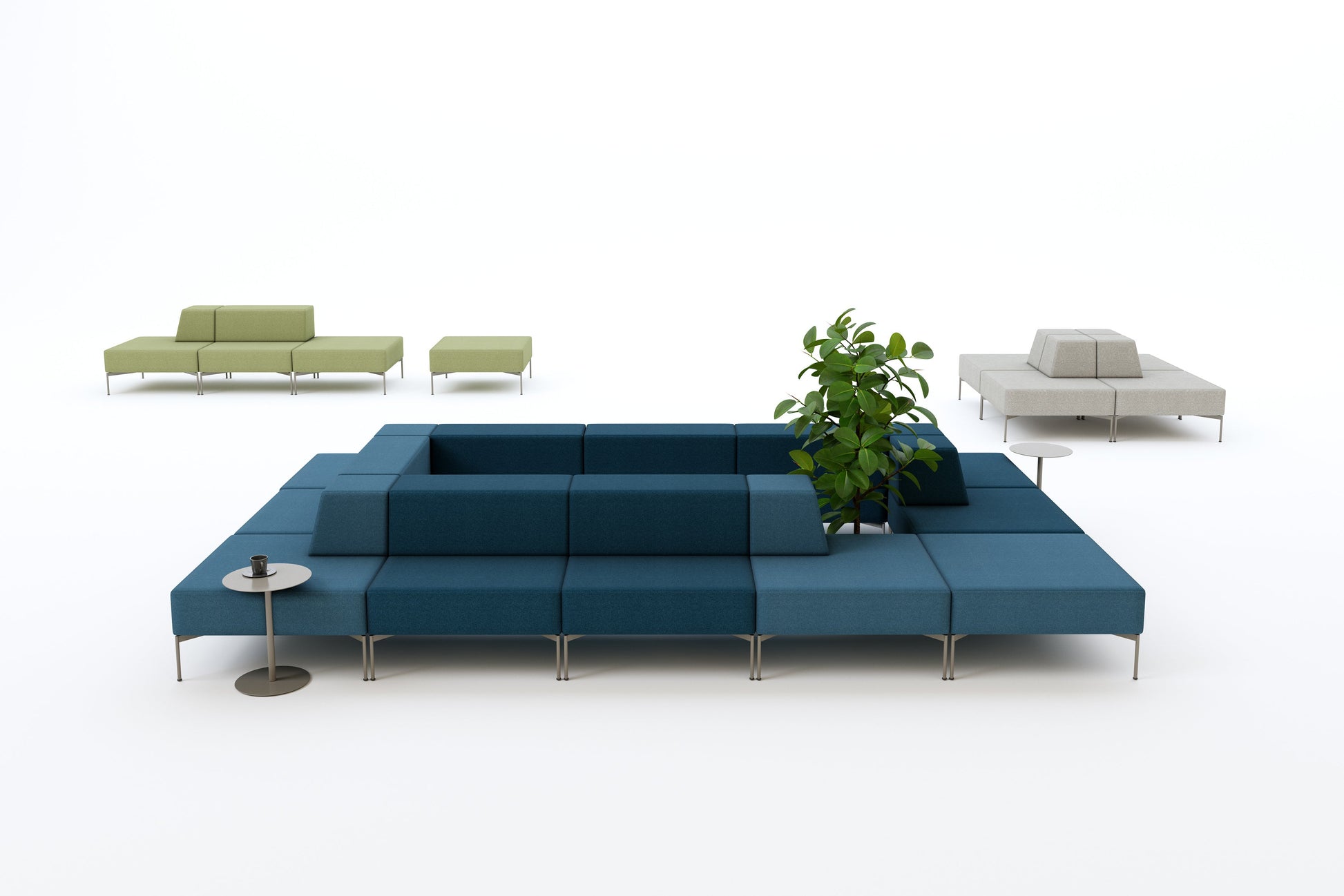 Modern blue sofa with green plant and small round table on a white background