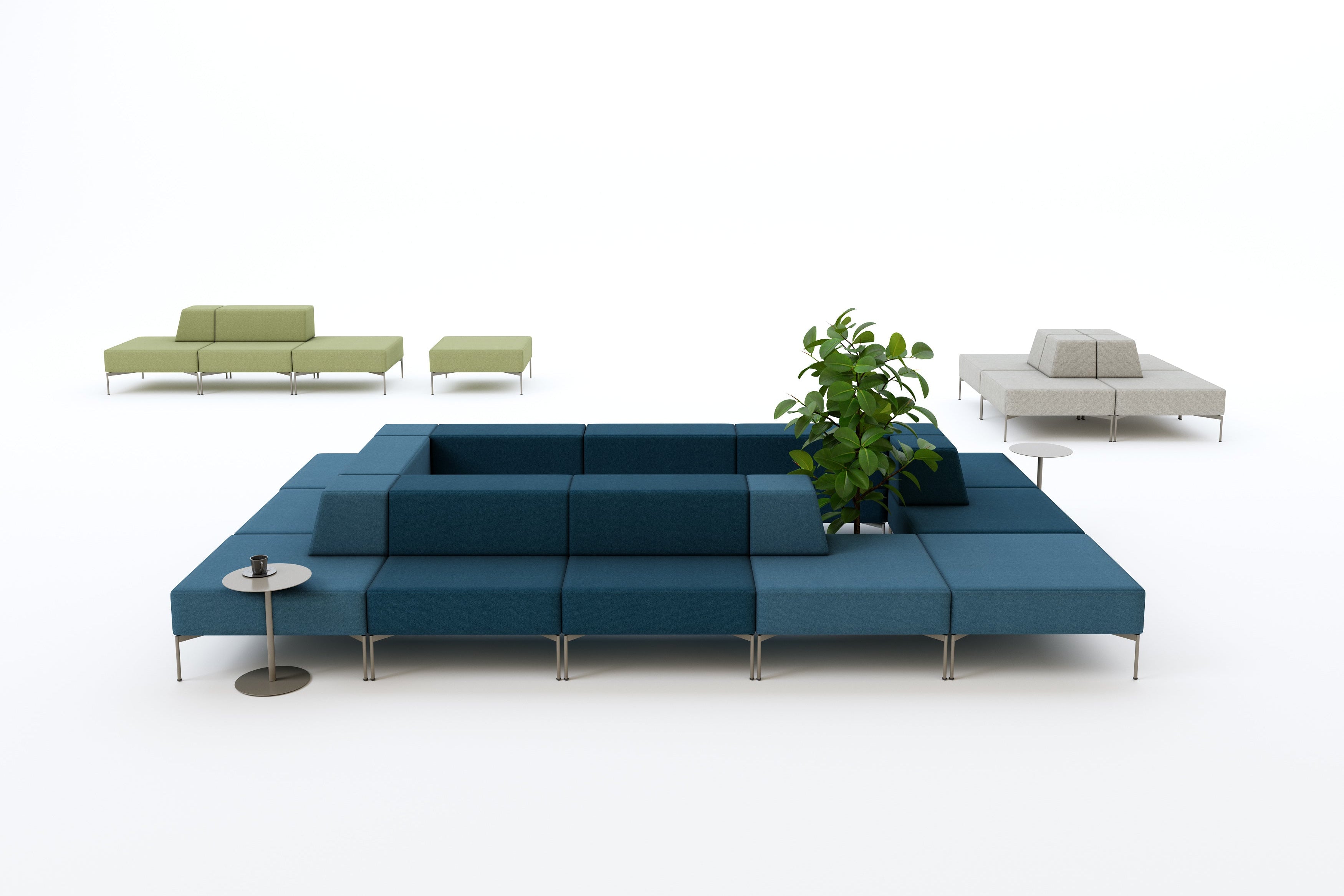 Modern blue sofa with green plant and small round table on a white background