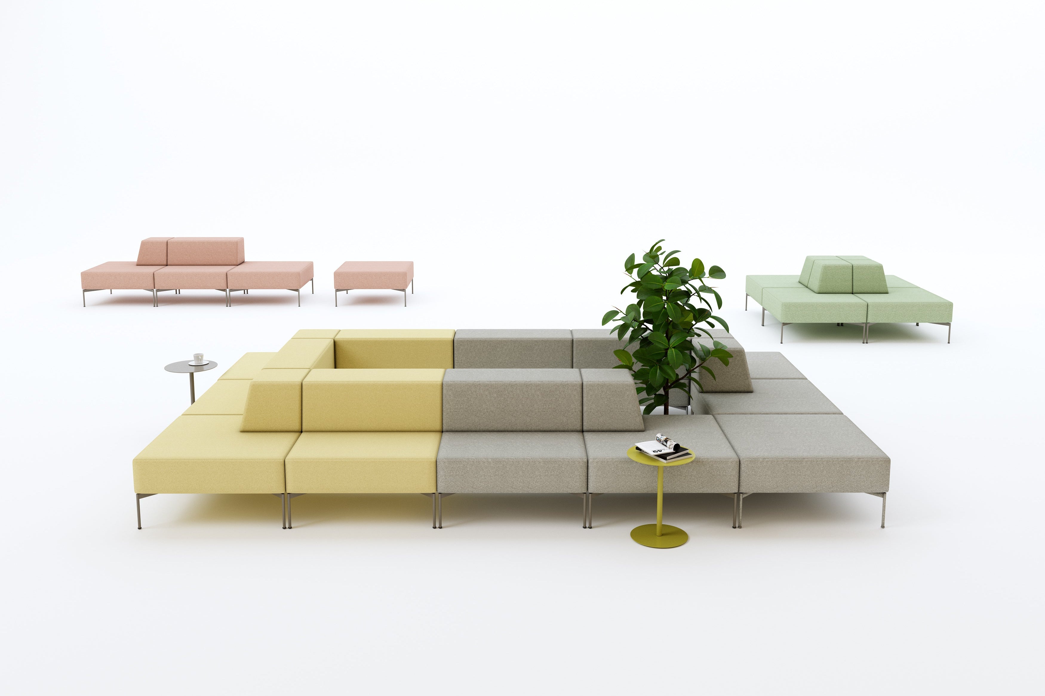Modern sectional sofa with a plant and small table on a white background